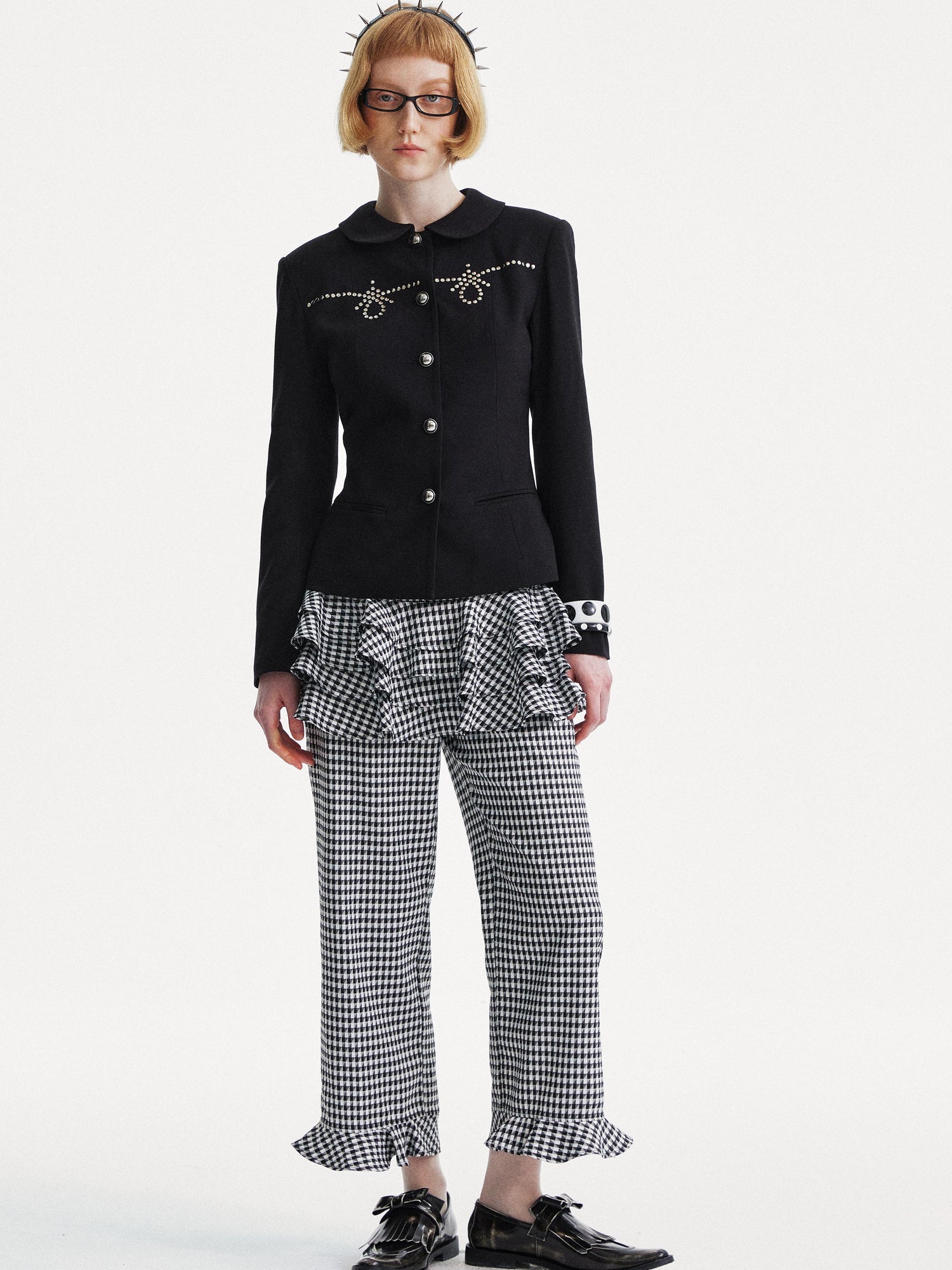 YOSHUYUKI Houndstooth High Waist Lace Trim Culottes