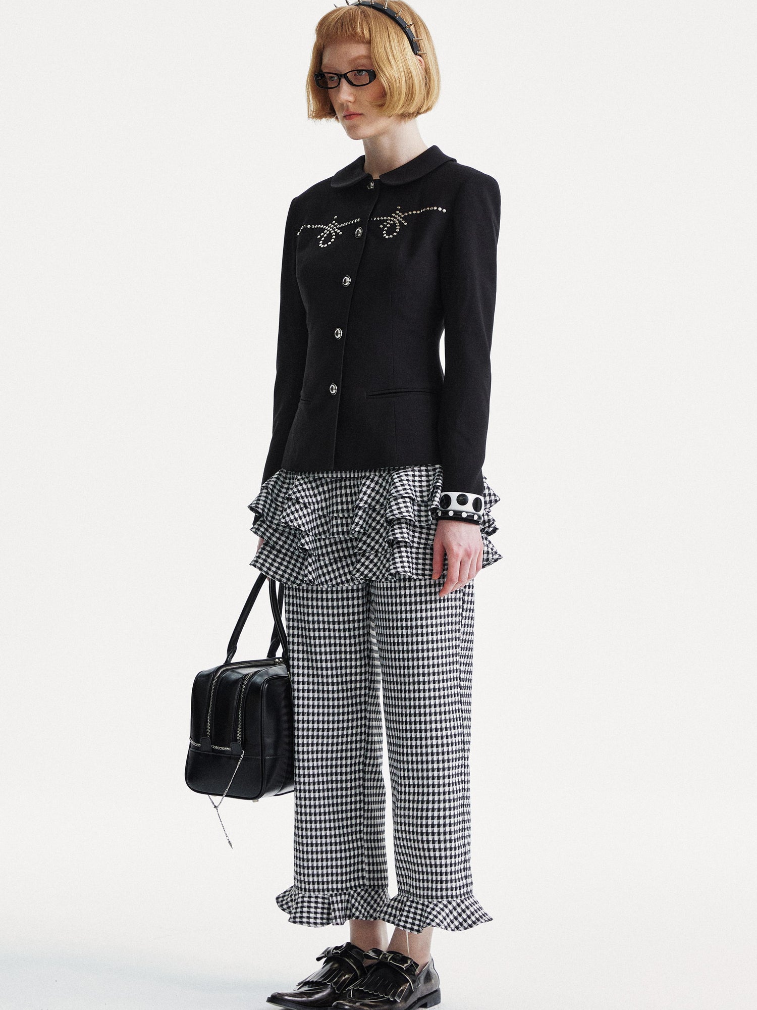 YOSHUYUKI Houndstooth High Waist Lace Trim Culottes