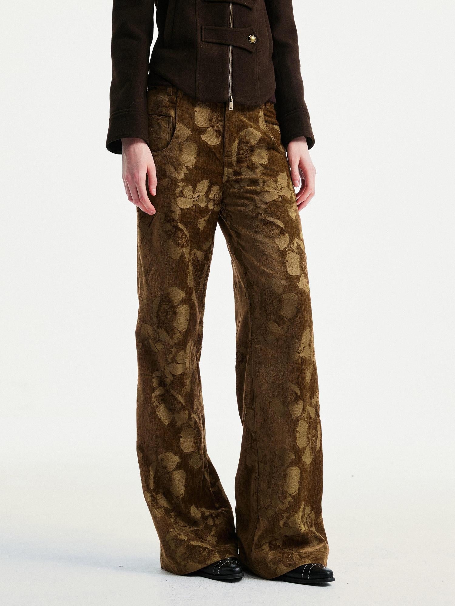 YOSHUYUKI Jacquard Floral Straight Leg Natural Waist Zipper Unisex Rayon Blend Pants