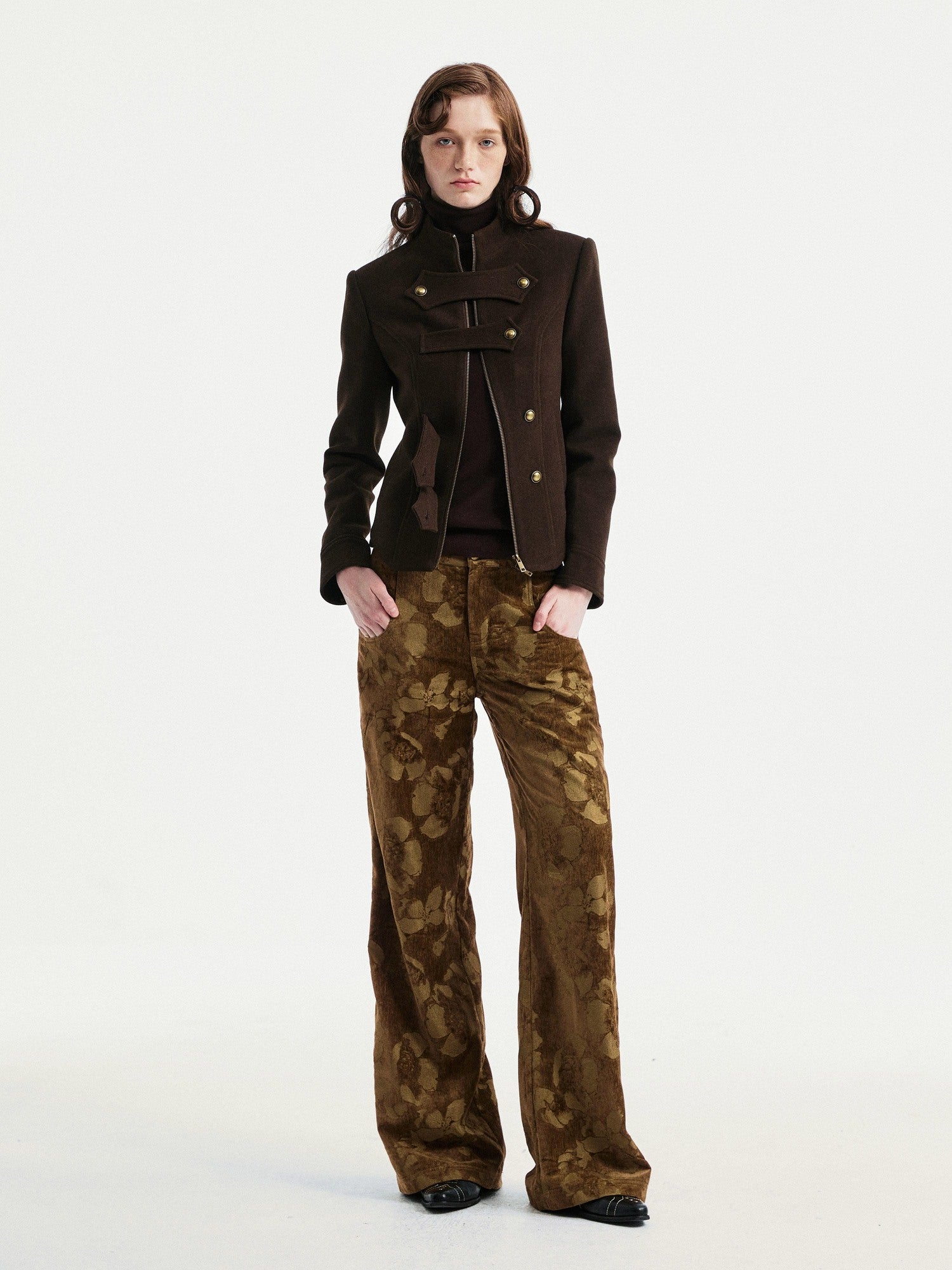 YOSHUYUKI Jacquard Floral Straight Leg Natural Waist Zipper Unisex Rayon Blend Pants