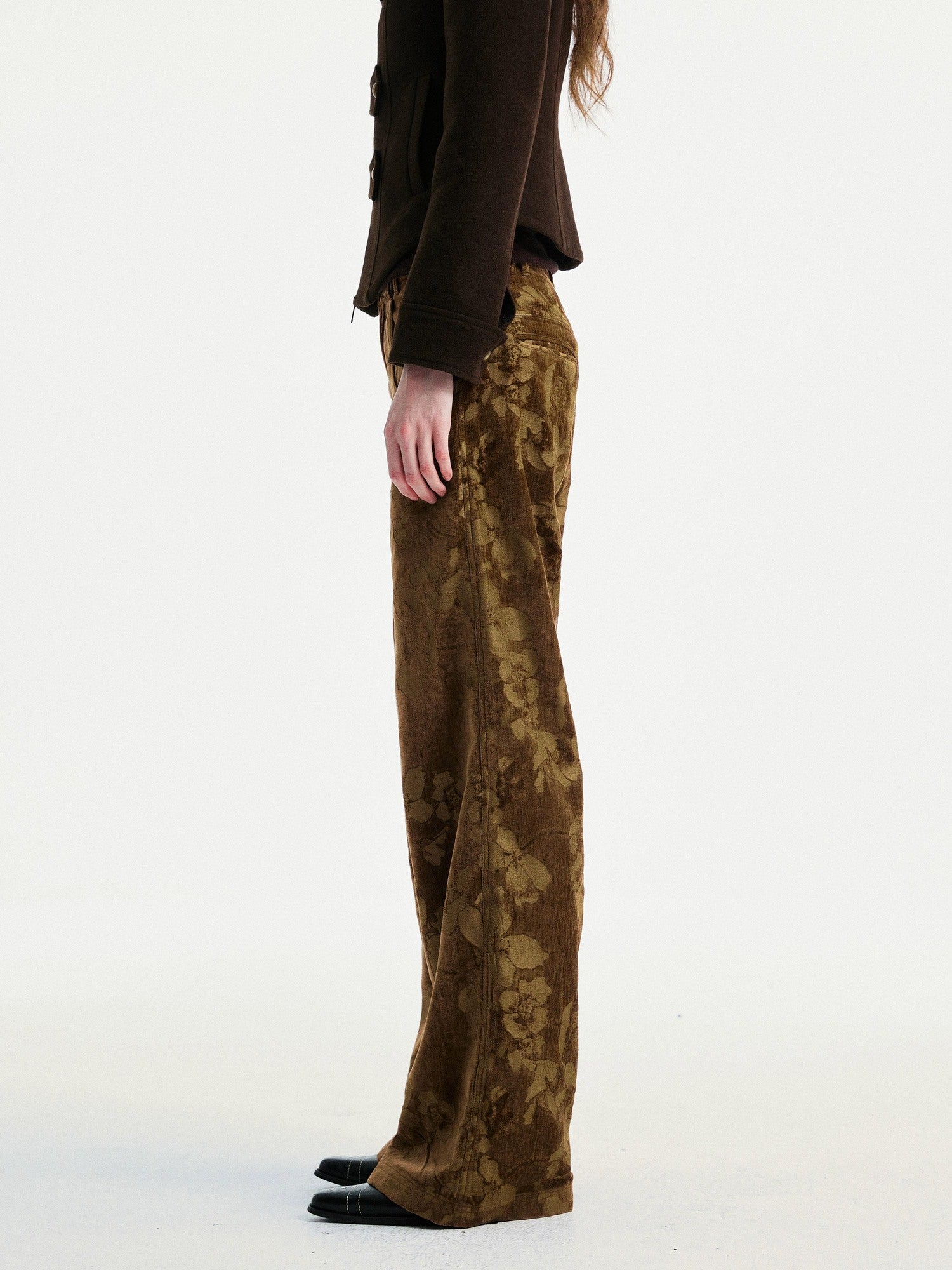 YOSHUYUKI Jacquard Floral Straight Leg Natural Waist Zipper Unisex Rayon Blend Pants