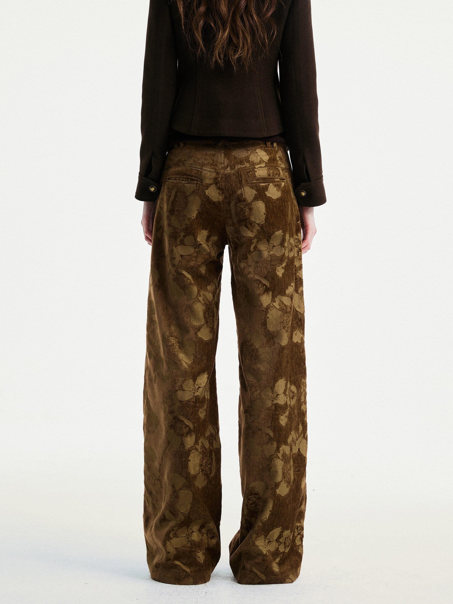 YOSHUYUKI Jacquard Floral Straight Leg Natural Waist Zipper Unisex Rayon Blend Pants