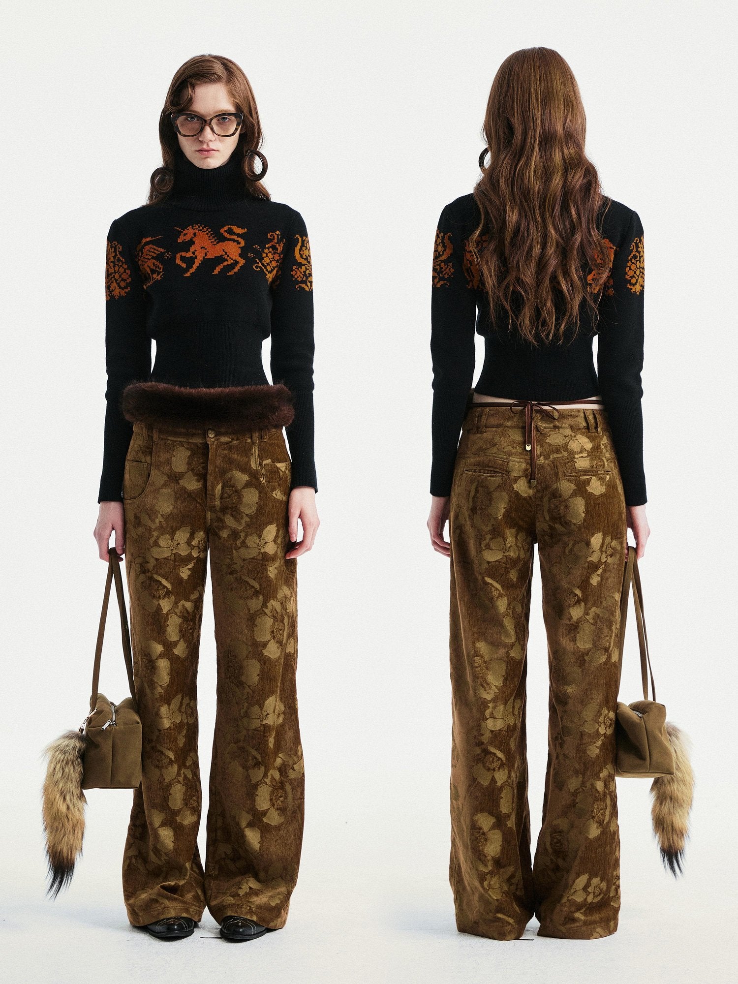 YOSHUYUKI Jacquard Floral Straight Leg Natural Waist Zipper Unisex Rayon Blend Pants