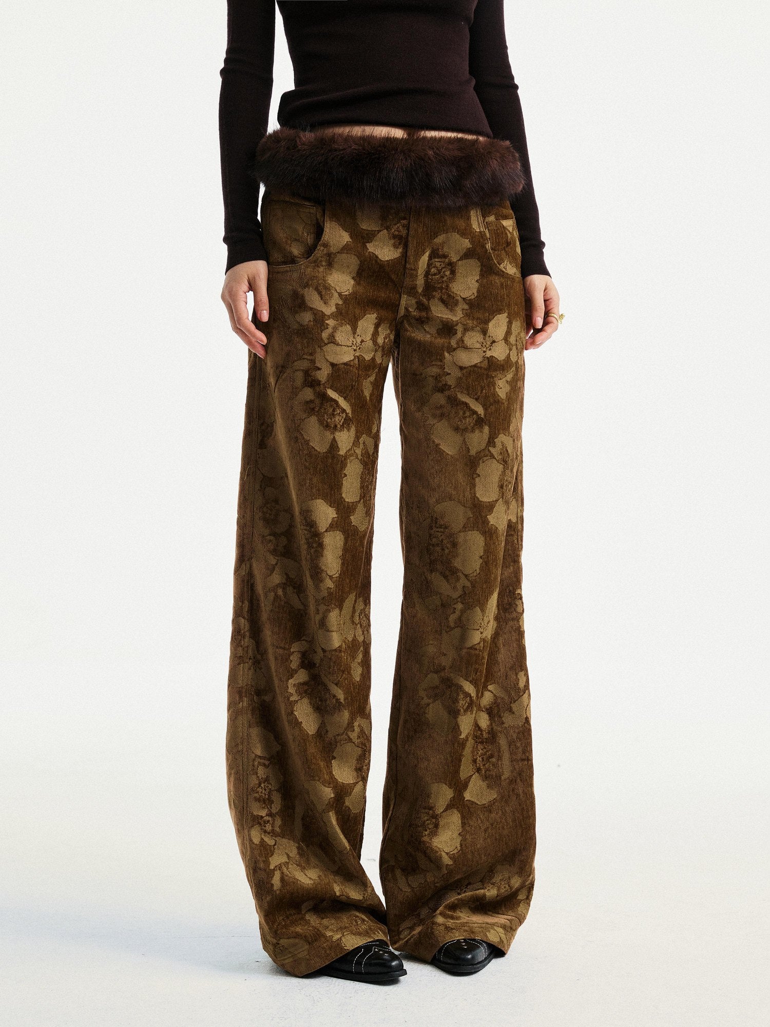 YOSHUYUKI Jacquard Floral Straight Leg Natural Waist Zipper Unisex Rayon Blend Pants