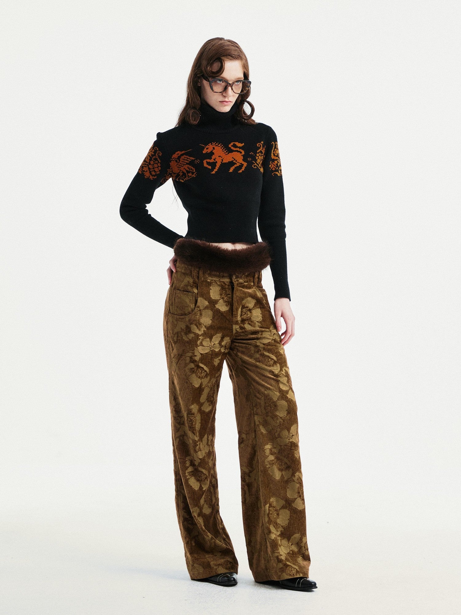 YOSHUYUKI Jacquard Floral Straight Leg Natural Waist Zipper Unisex Rayon Blend Pants