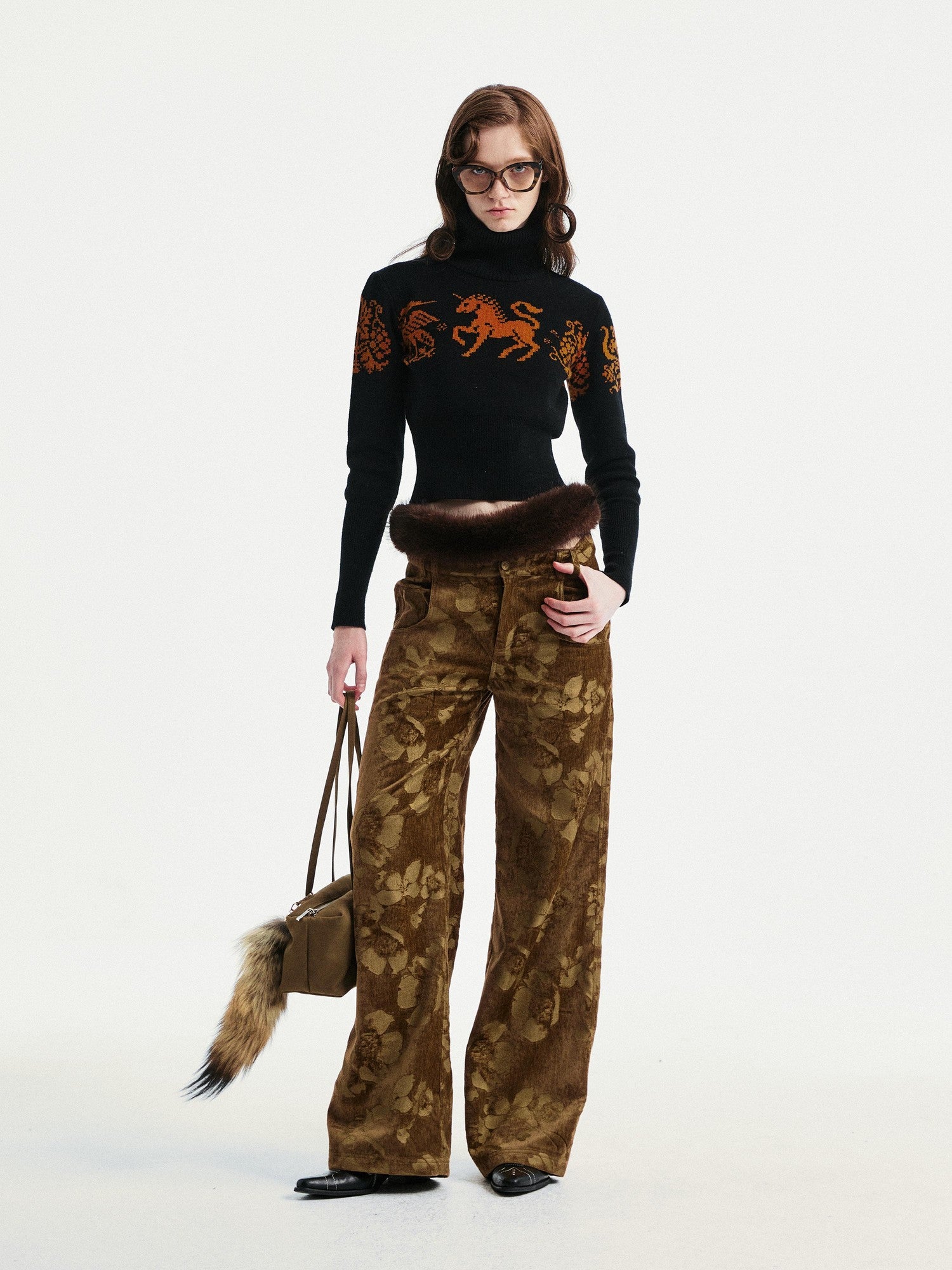 YOSHUYUKI Jacquard Floral Straight Leg Natural Waist Zipper Unisex Rayon Blend Pants