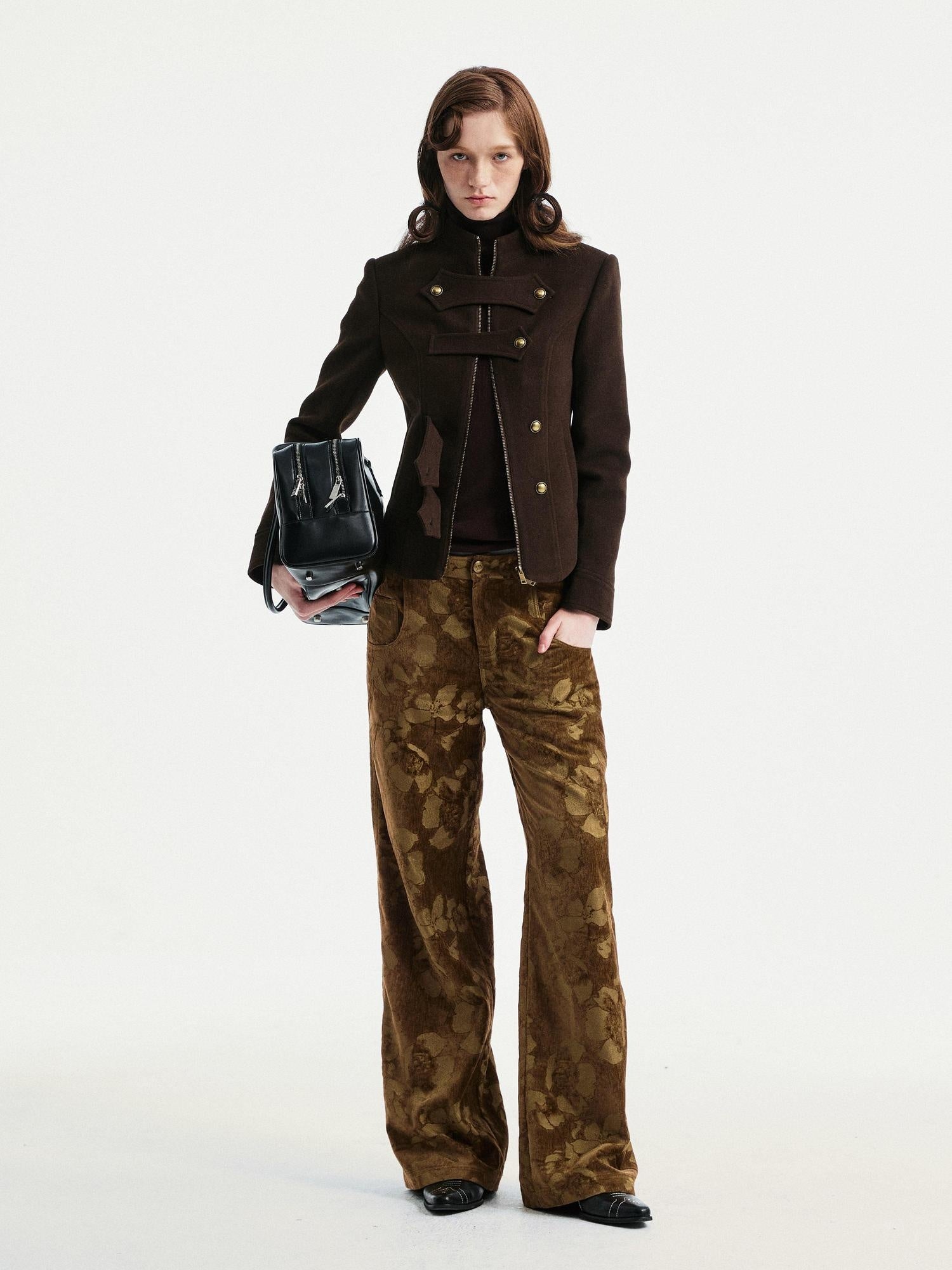 YOSHUYUKI Jacquard Floral Straight Leg Natural Waist Zipper Unisex Rayon Blend Pants