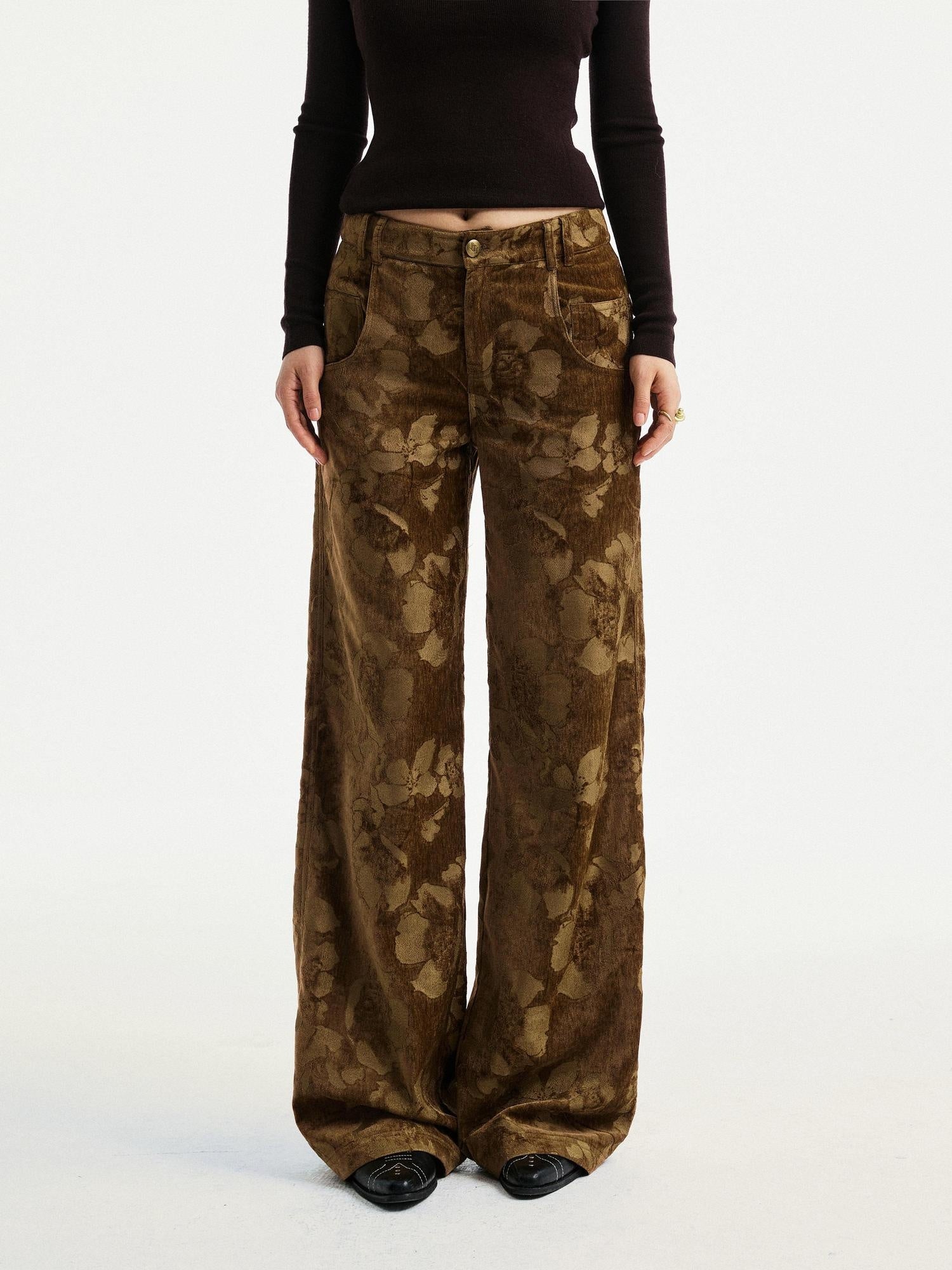 YOSHUYUKI Jacquard Floral Straight Leg Natural Waist Zipper Unisex Rayon Blend Pants