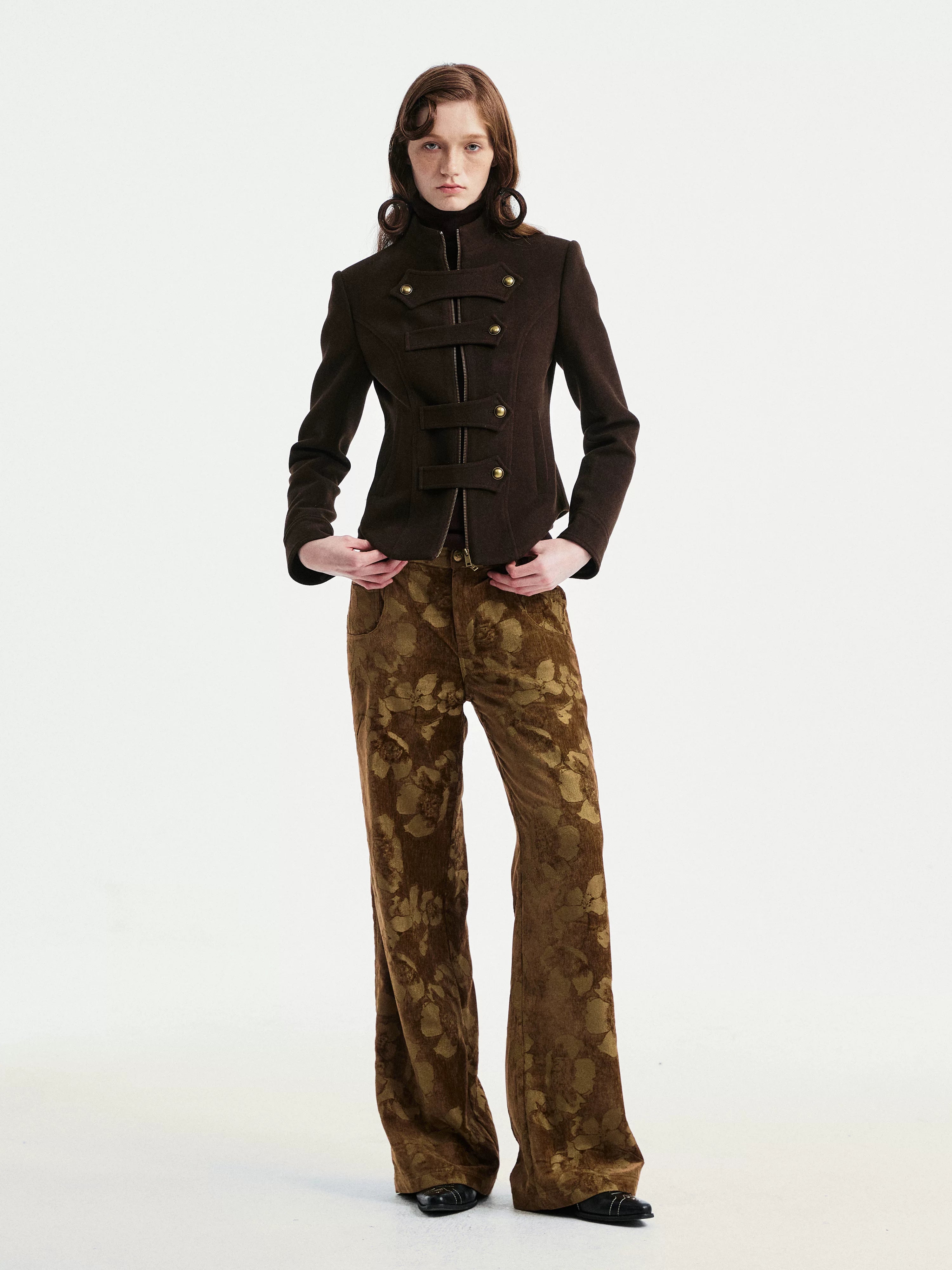 YOSHUYUKI Jacquard Floral Straight Leg Natural Waist Zipper Unisex Rayon Blend Pants-4