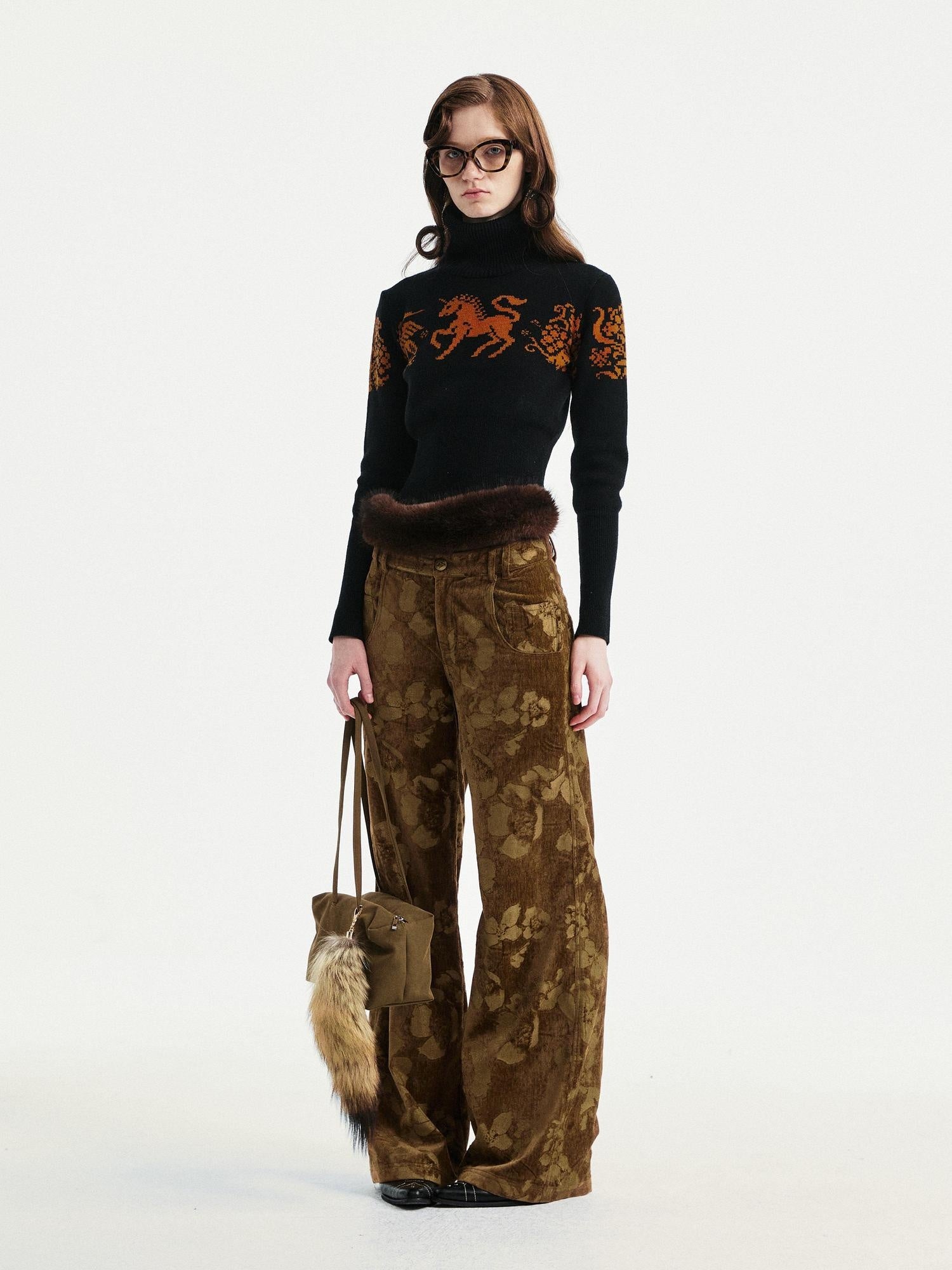 YOSHUYUKI Jacquard Floral Straight Leg Natural Waist Zipper Unisex Rayon Blend Pants