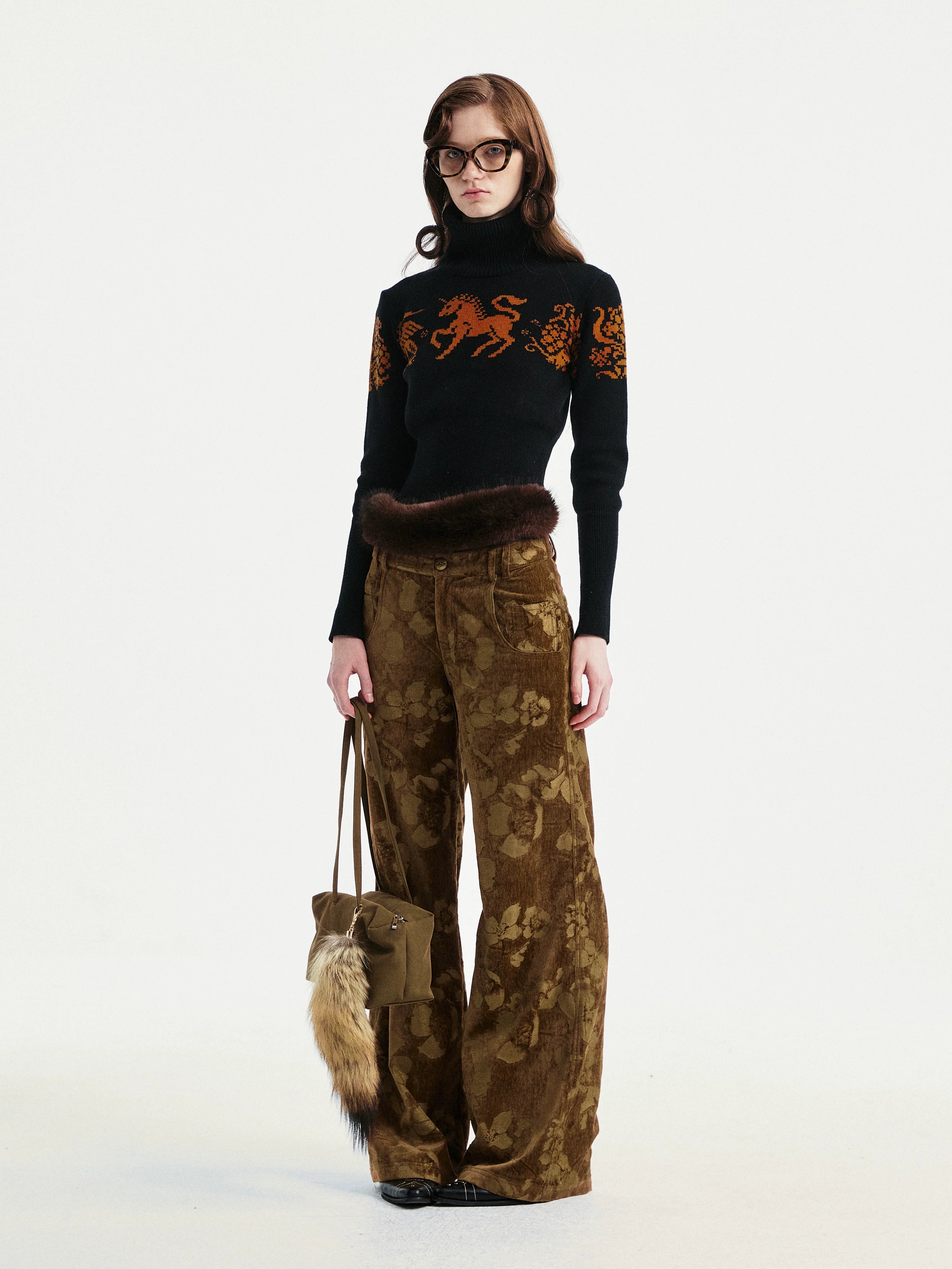 YOSHUYUKI Jacquard Floral Straight Leg Natural Waist Zipper Unisex Rayon Blend Pants-5