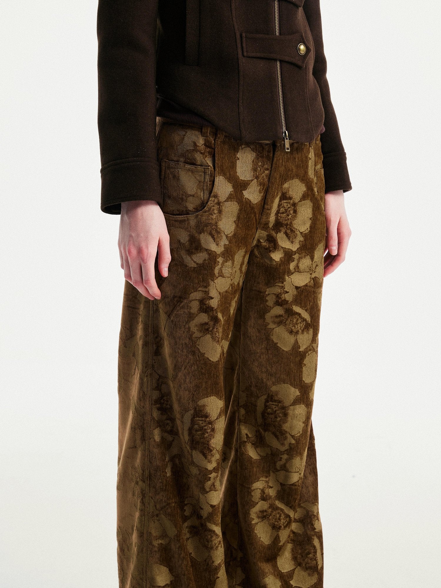 YOSHUYUKI Jacquard Floral Straight Leg Natural Waist Zipper Unisex Rayon Blend Pants