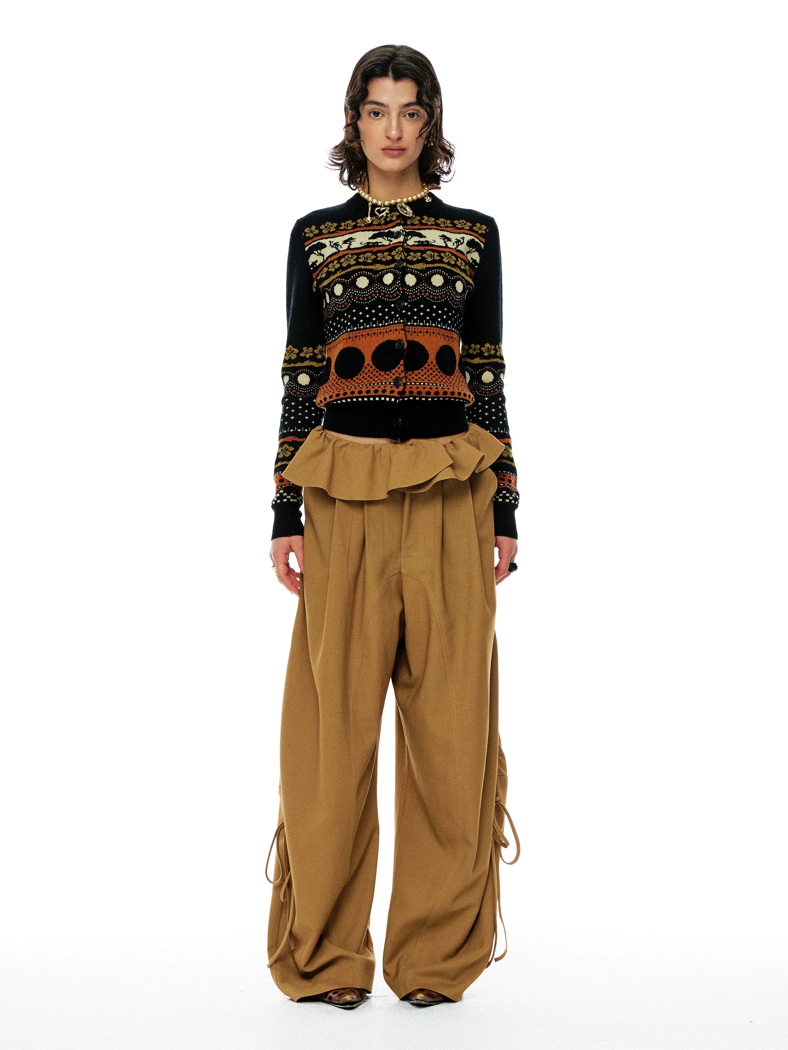 YOSHUYUKI Khaki Lace Ruffle Flared Palazzo Trousers-4
