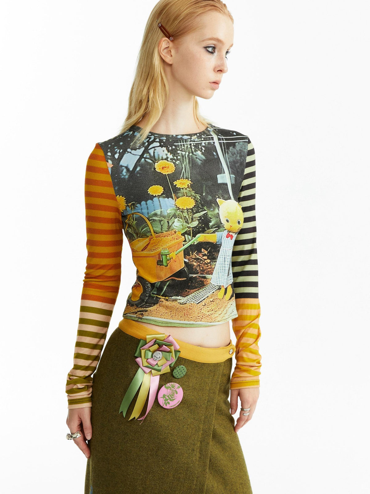 YOSHUYUKI Kitten Garden Print Striped Slim Fit Lyocell Women&
