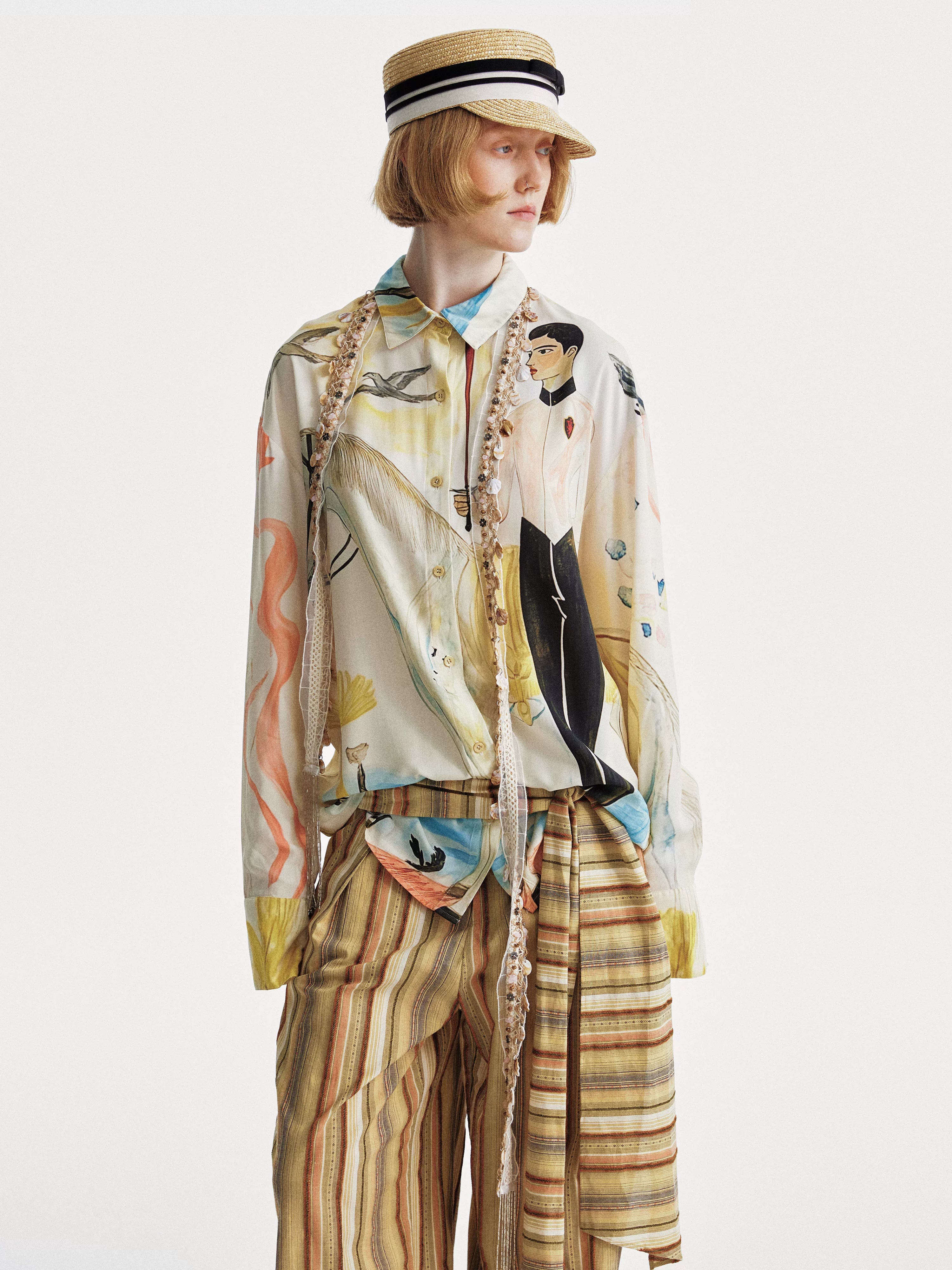 YOSHUYUKI Knight Art Print Rayon Oversize Shirt-1