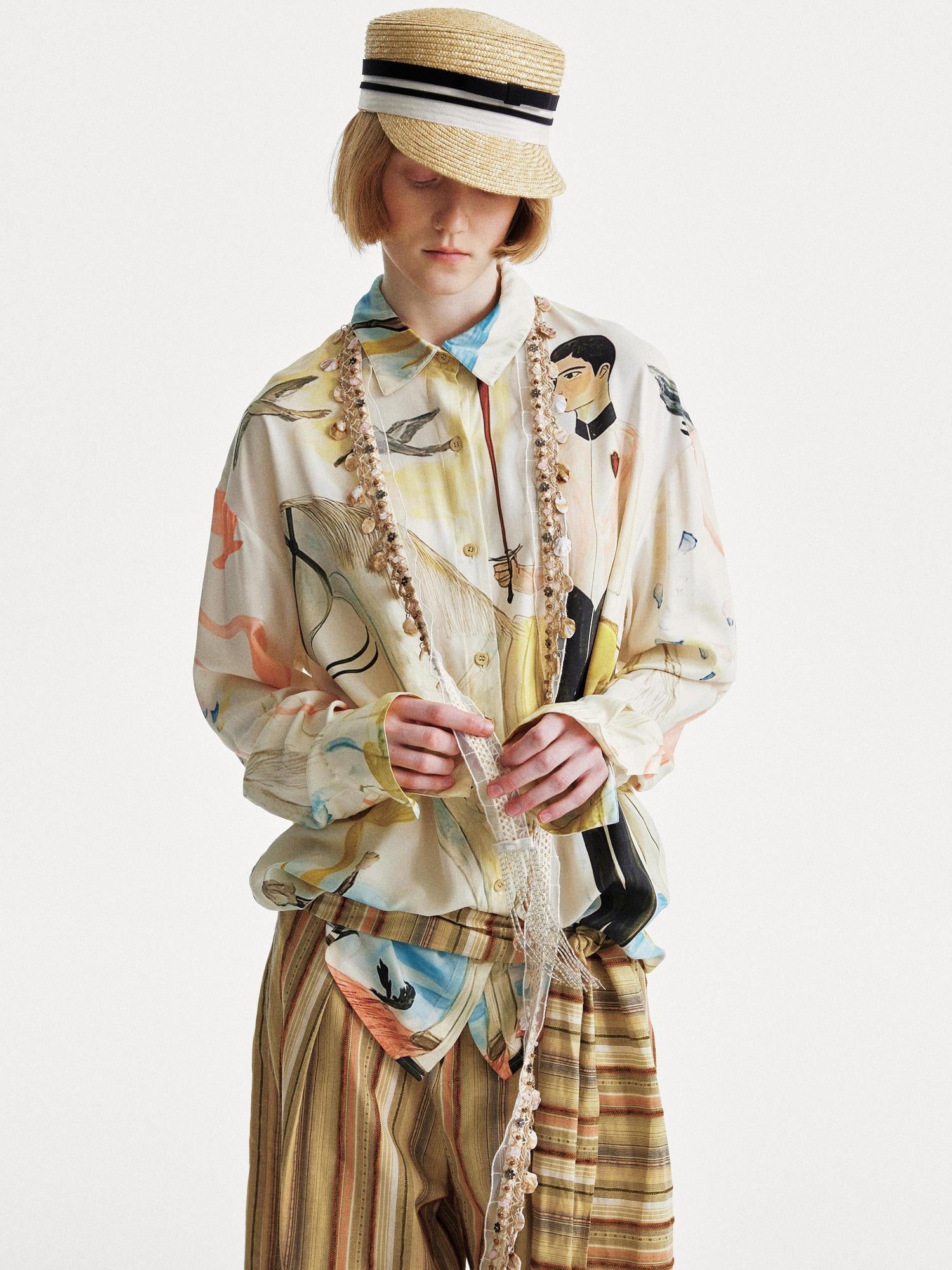 YOSHUYUKI Knight Art Print Rayon Oversize Shirt