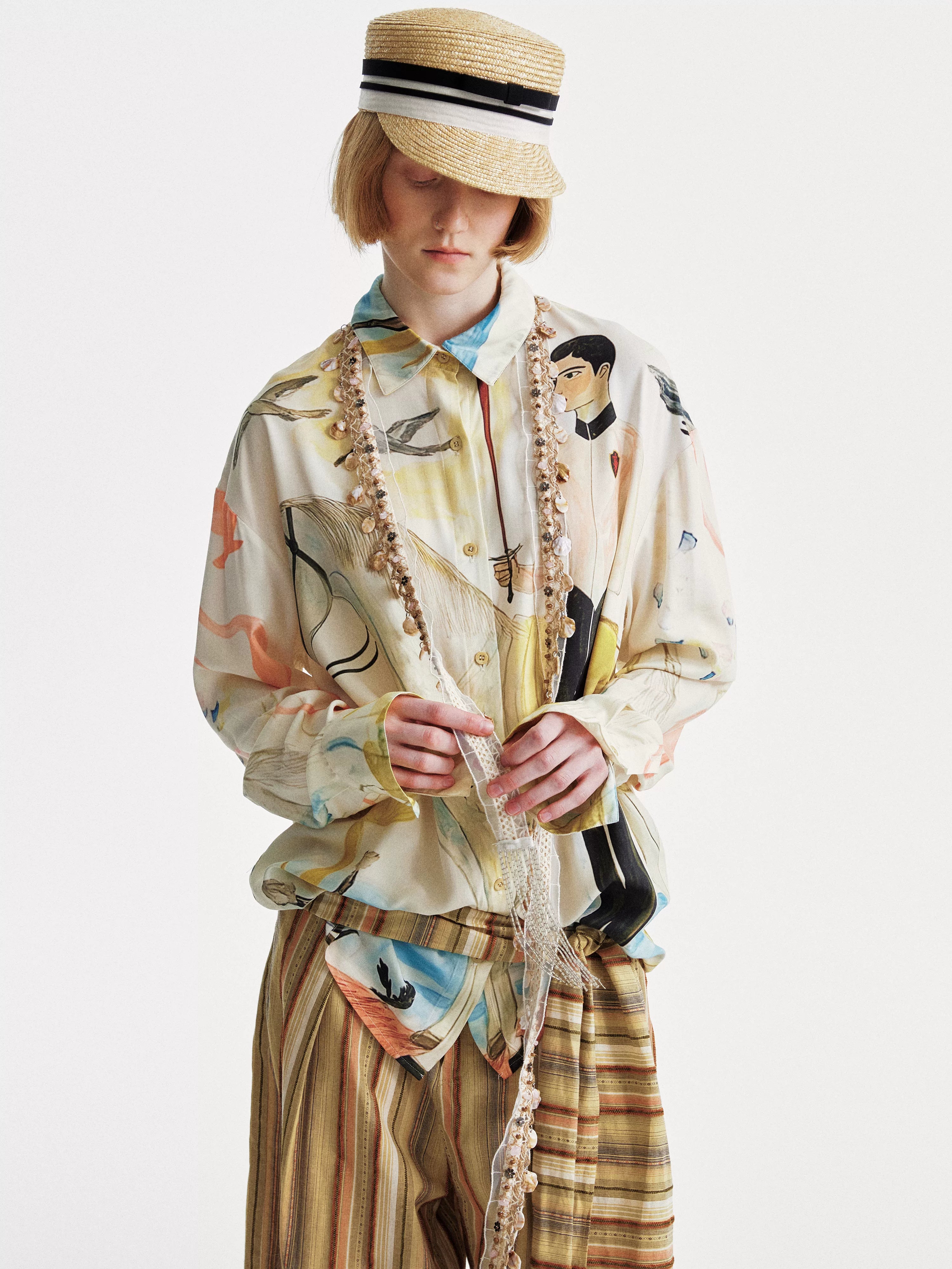 YOSHUYUKI Knight Art Print Rayon Oversize Shirt-3