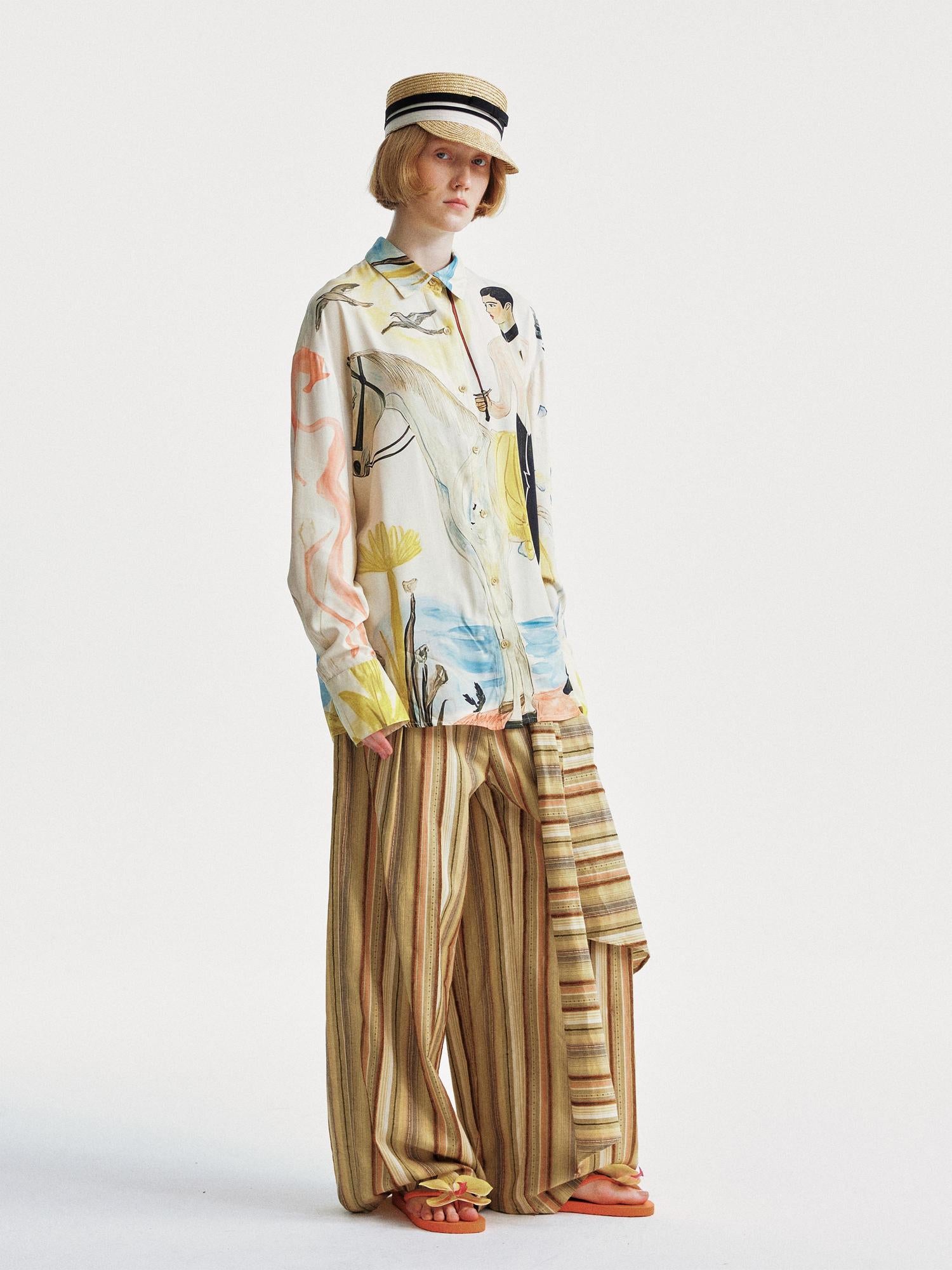 YOSHUYUKI Knight Art Print Rayon Oversize Shirt