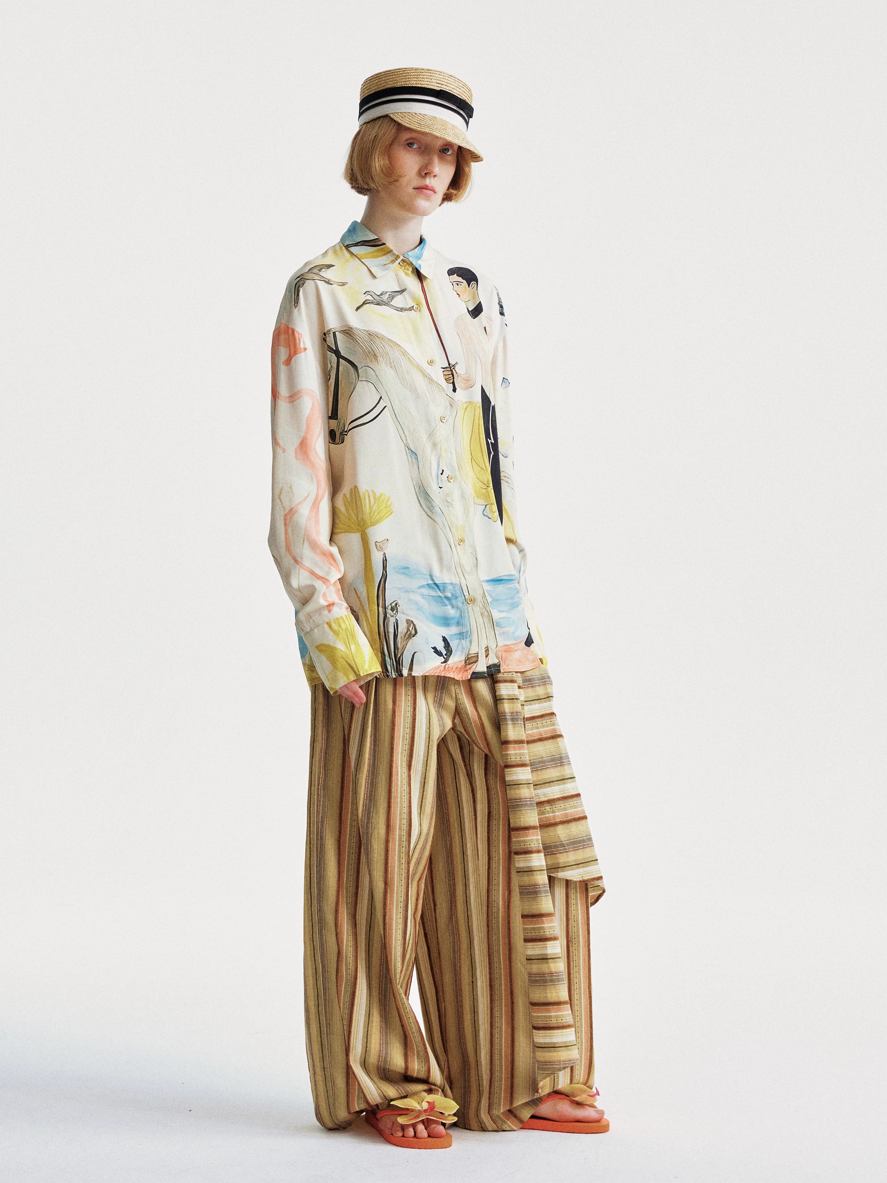 YOSHUYUKI Knight Art Print Rayon Oversize Shirt-5
