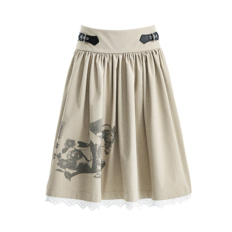 YOSHUYUKI_Lace_Trim_Cleanfit_A_Line_Low_Rise_Unisex_City_Walk_Printed_Camel_Midi_Skirt_MISSTT