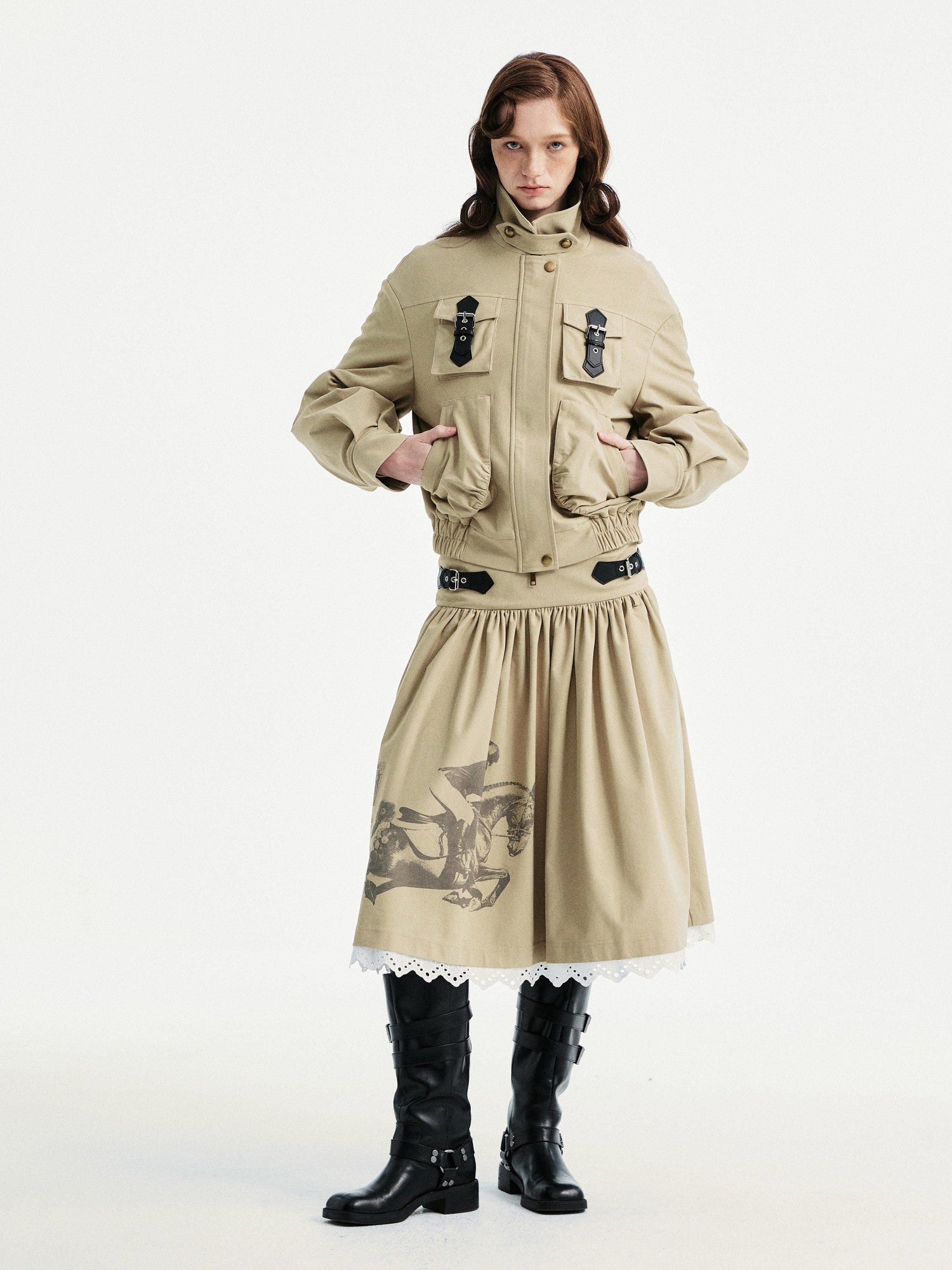 YOSHUYUKI Lace Trim Cleanfit A Line Low Rise Unisex City Walk Printed Camel Midi Skirt