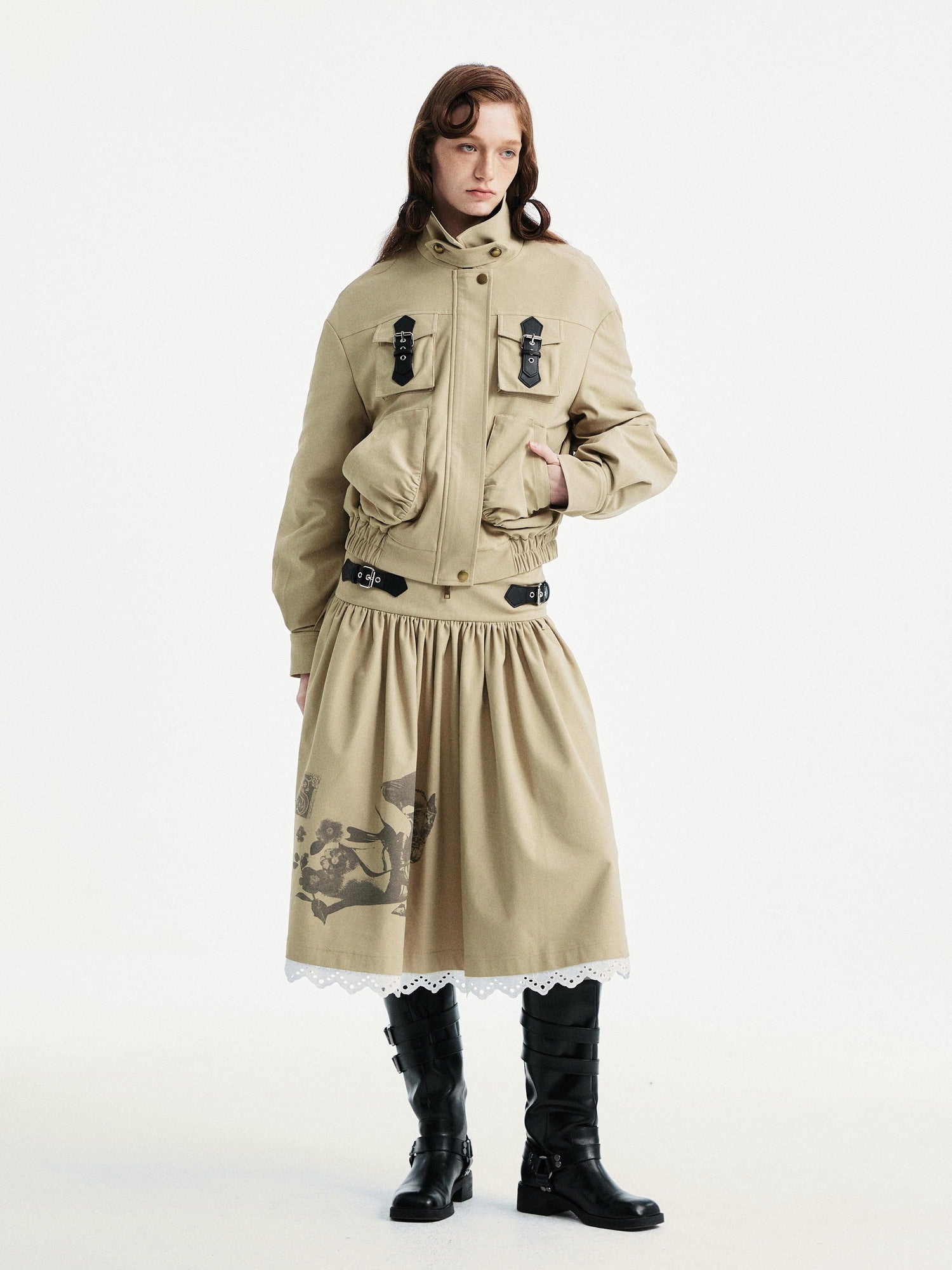 YOSHUYUKI Lace Trim Cleanfit A Line Low Rise Unisex City Walk Printed Camel Midi Skirt