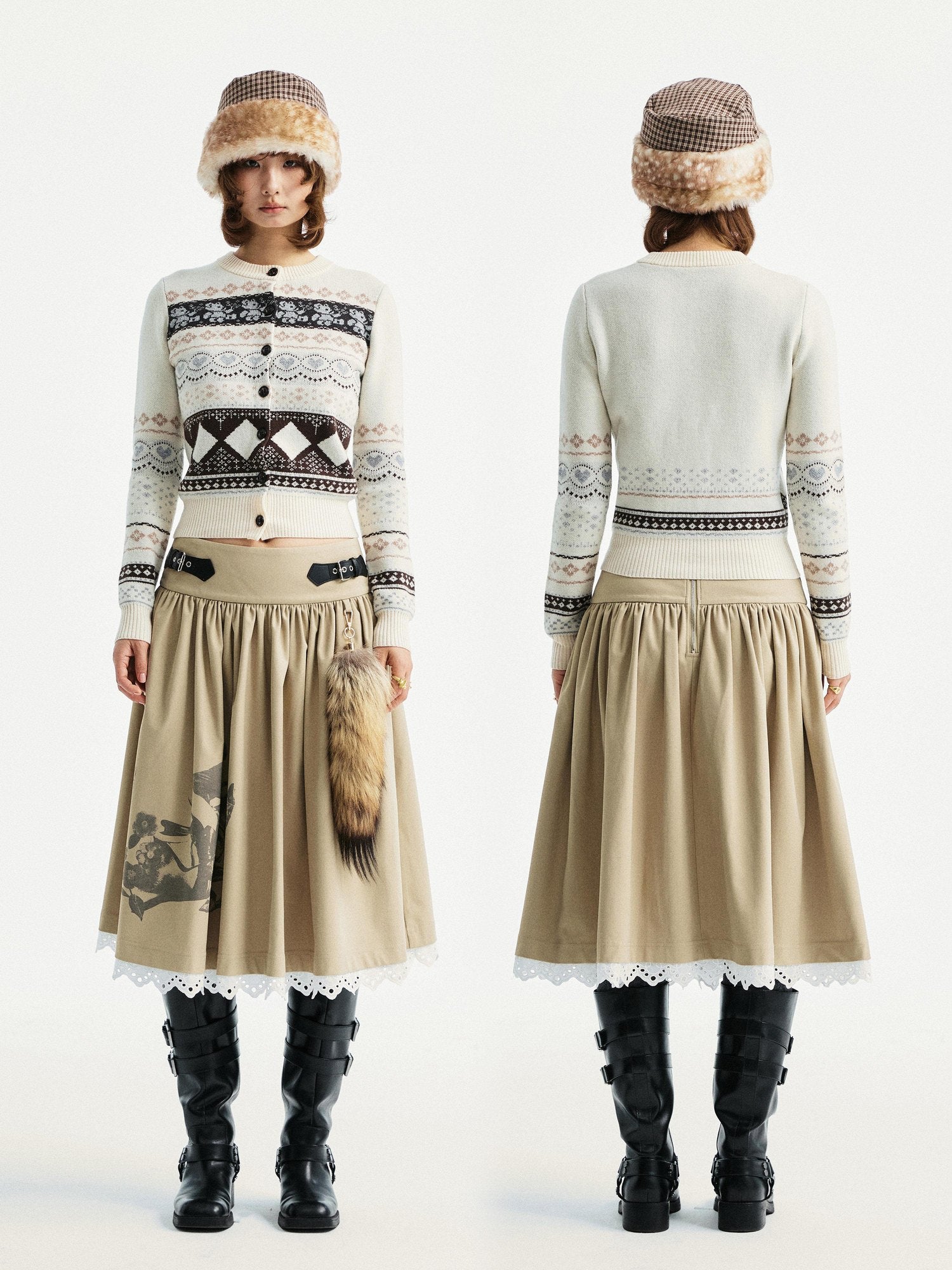 YOSHUYUKI Lace Trim Cleanfit A Line Low Rise Unisex City Walk Printed Camel Midi Skirt