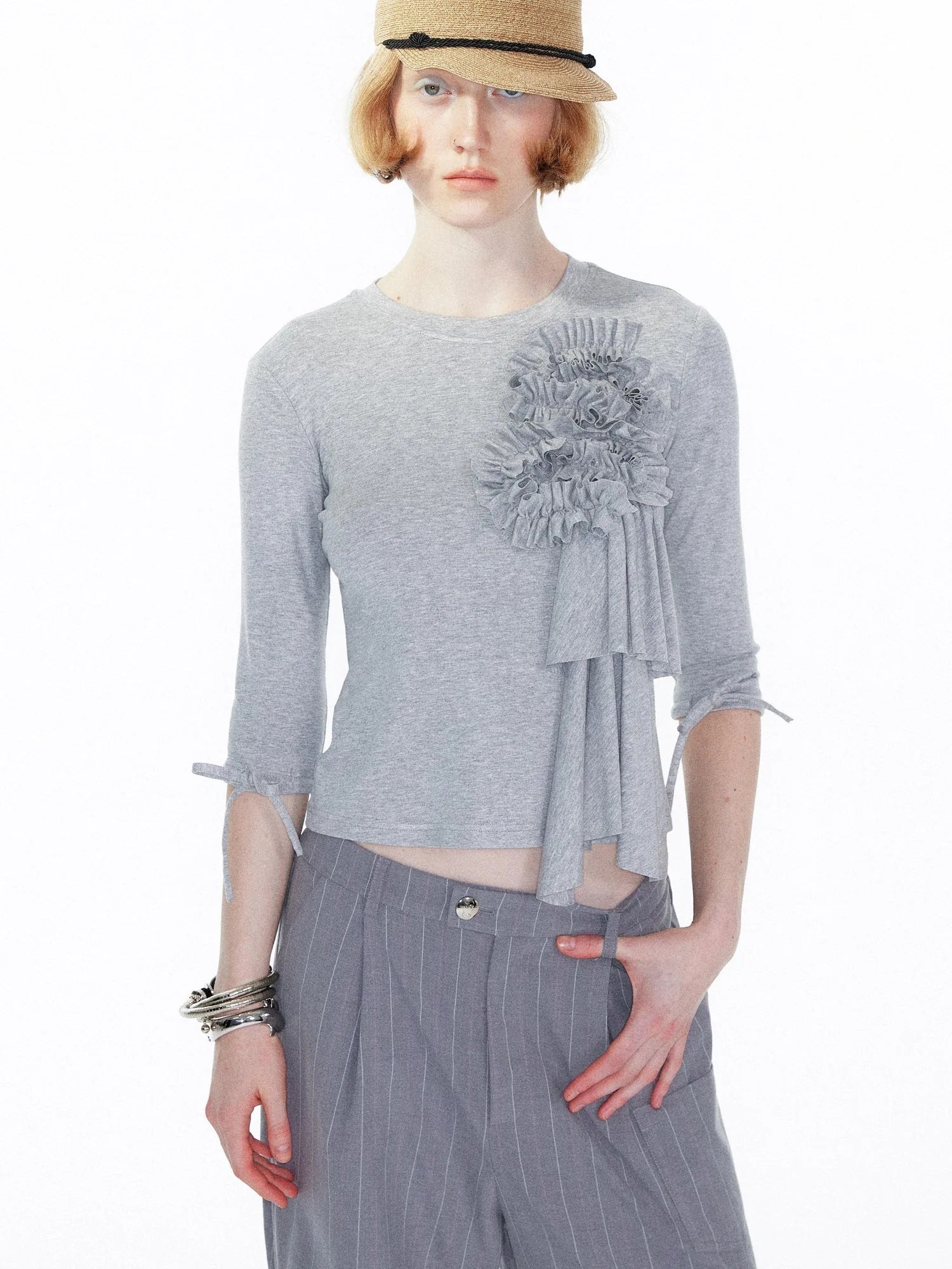Lace Trimmed Gray Knit Tee With Bow Cuffs