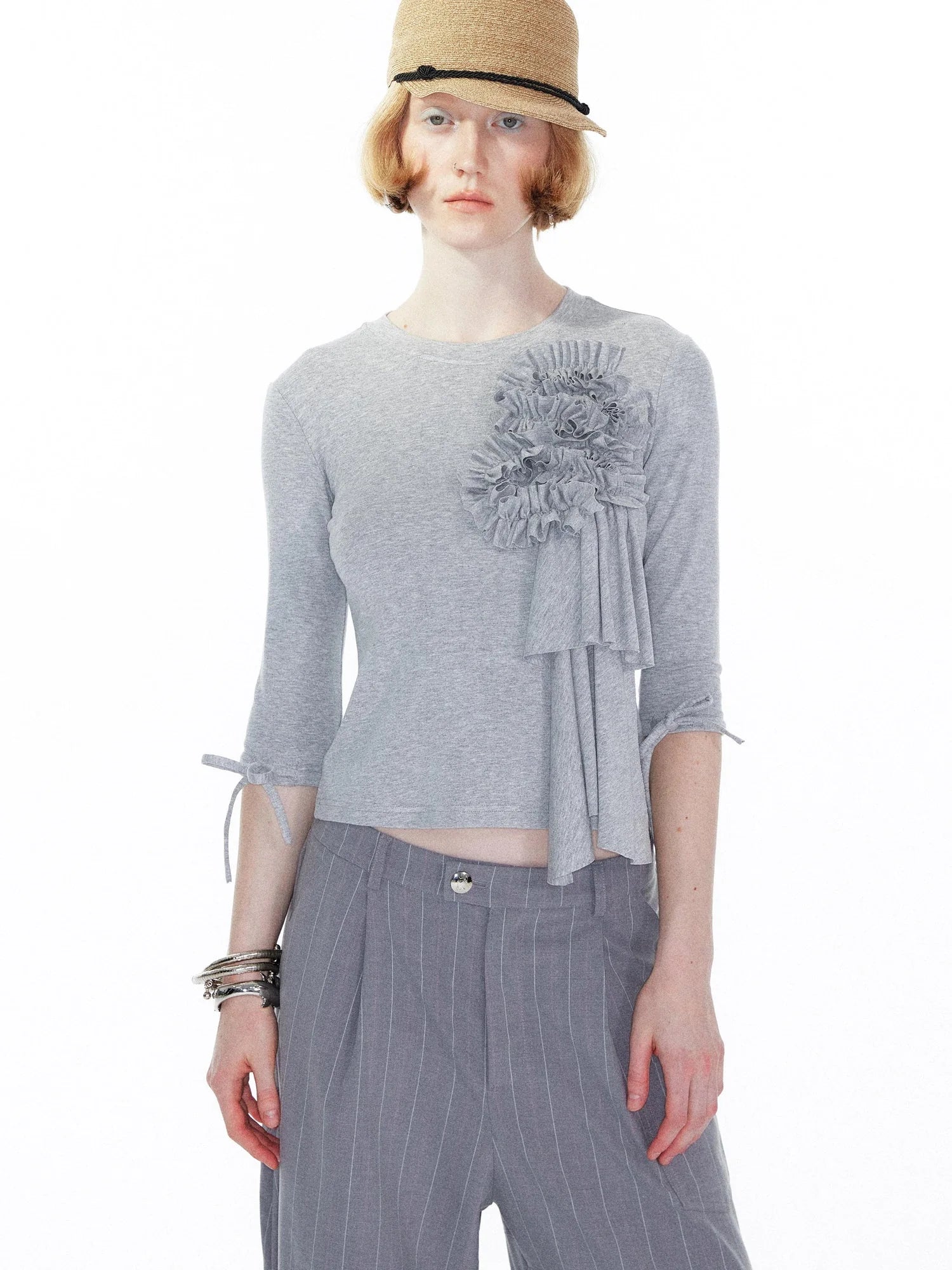 Lace Trimmed Gray Knit Tee With Bow Cuffs