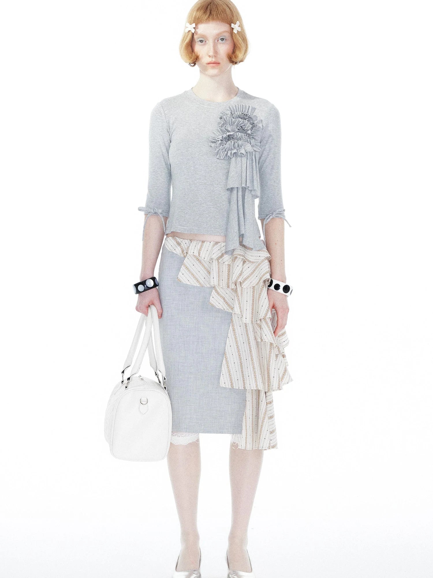 Lace Trimmed Gray Knit Tee With Bow Cuffs