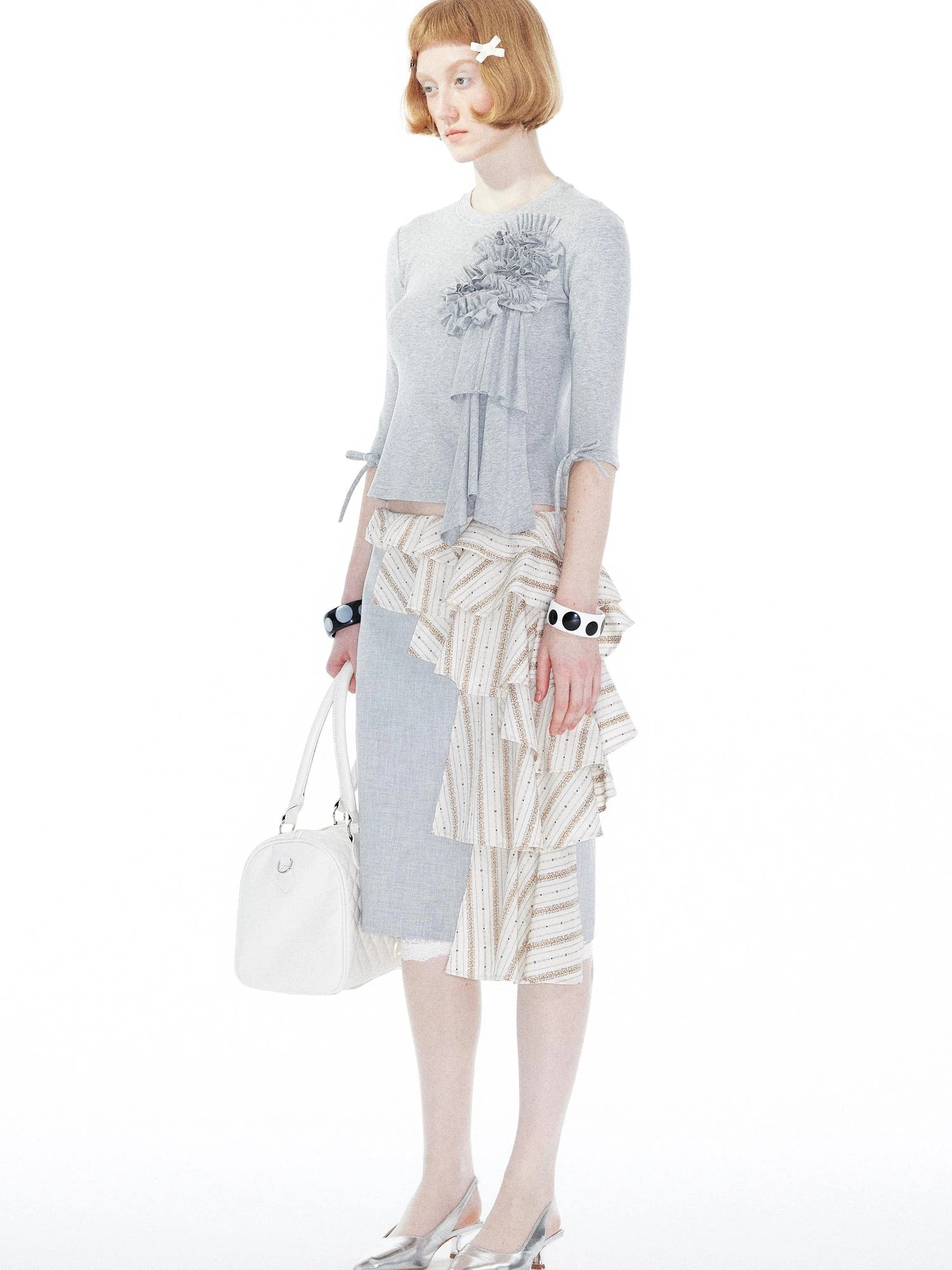Lace Trimmed Gray Knit Tee With Bow Cuffs
