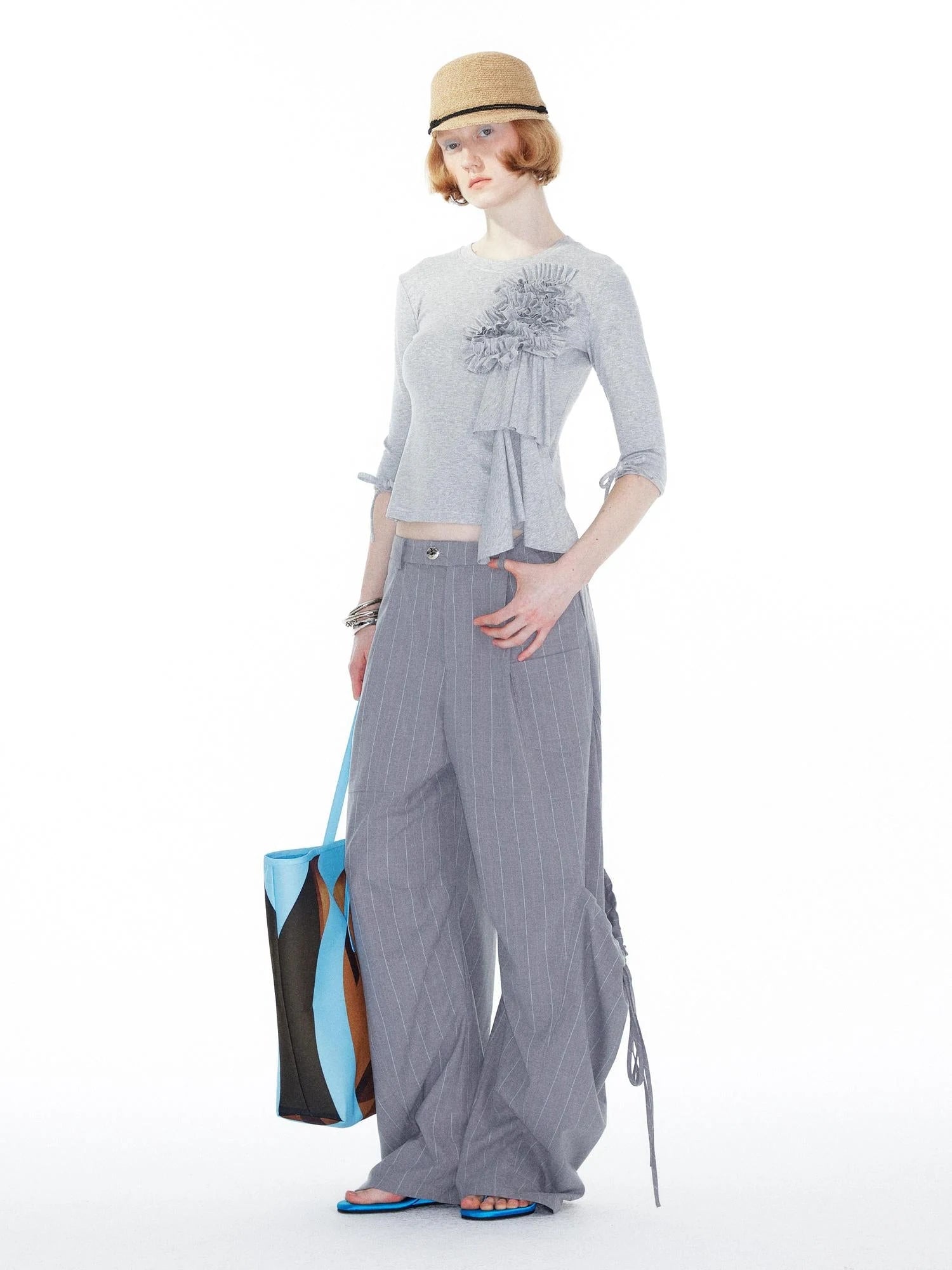 Lace Trimmed Gray Knit Tee With Bow Cuffs