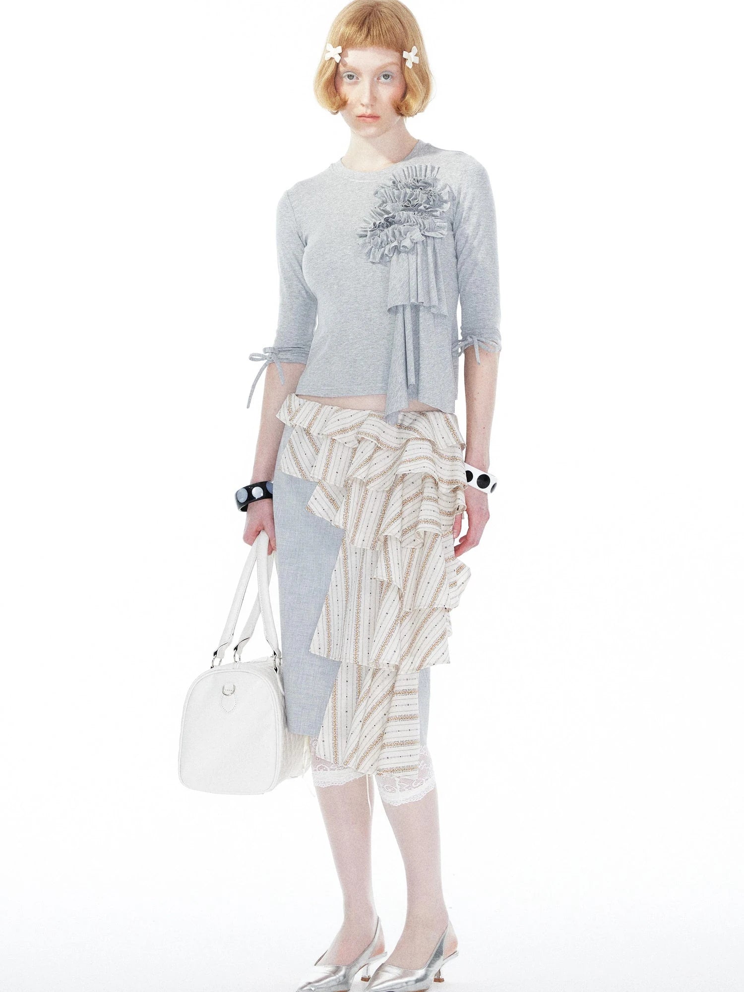 Lace Trimmed Gray Knit Tee With Bow Cuffs