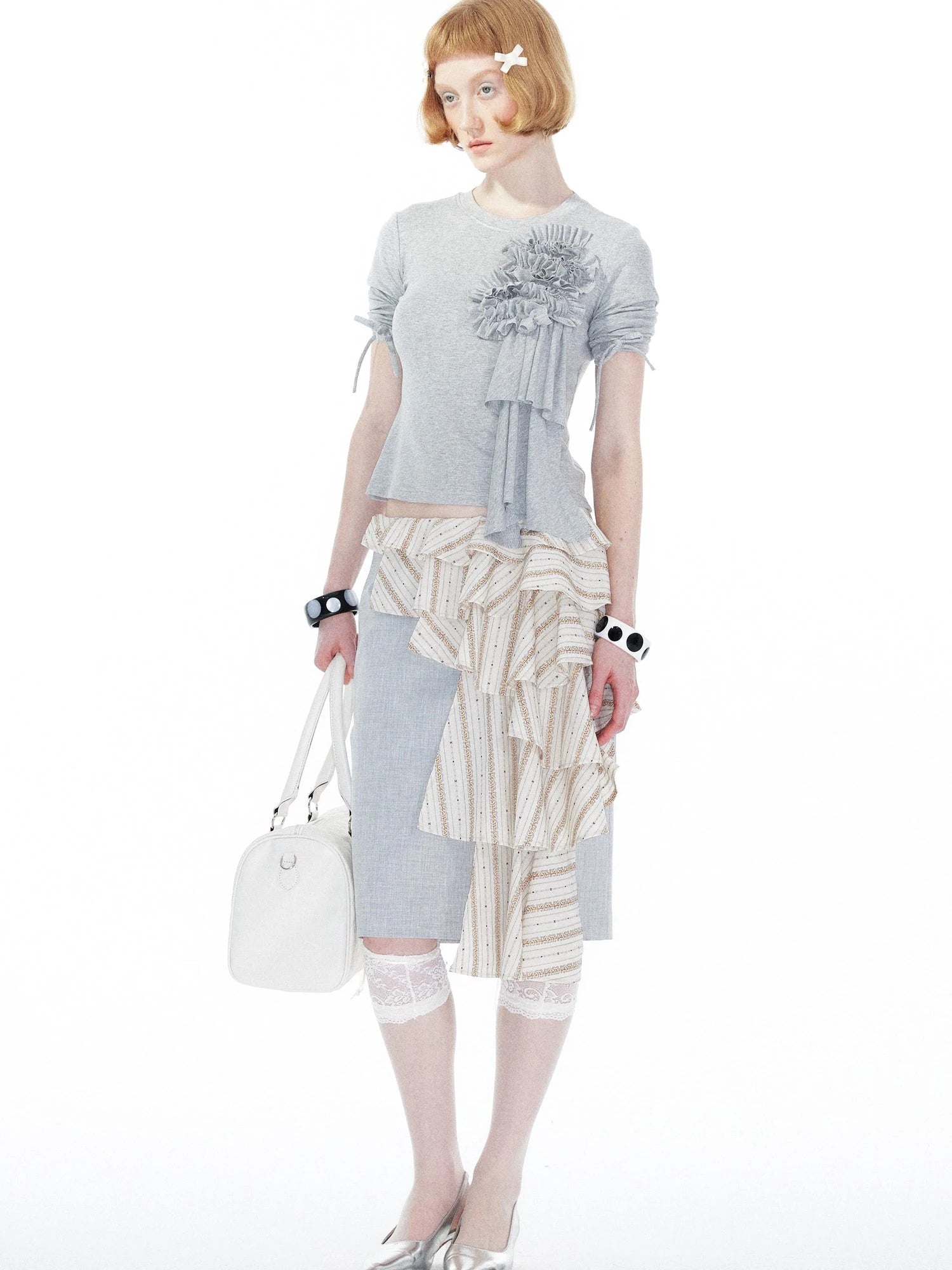 Lace Trimmed Gray Knit Tee With Bow Cuffs