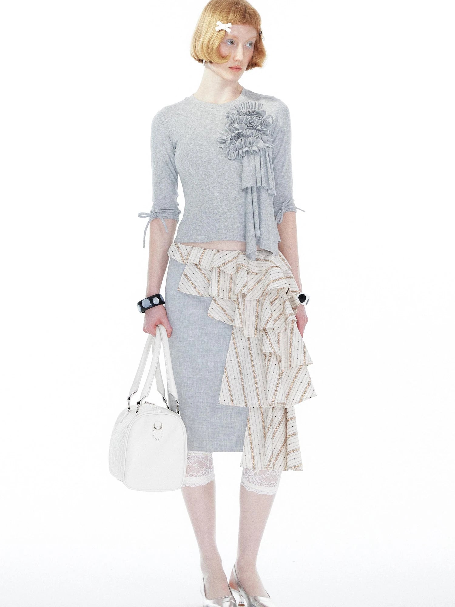 Lace Trimmed Gray Knit Tee With Bow Cuffs