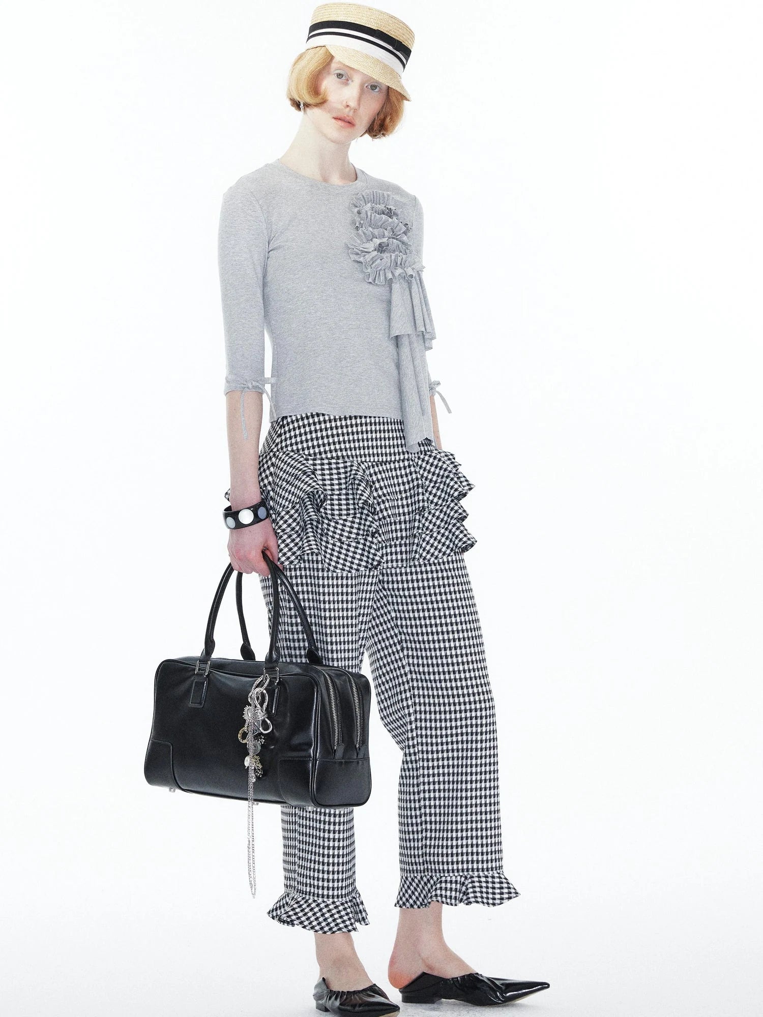 Lace Trimmed Gray Knit Tee With Bow Cuffs