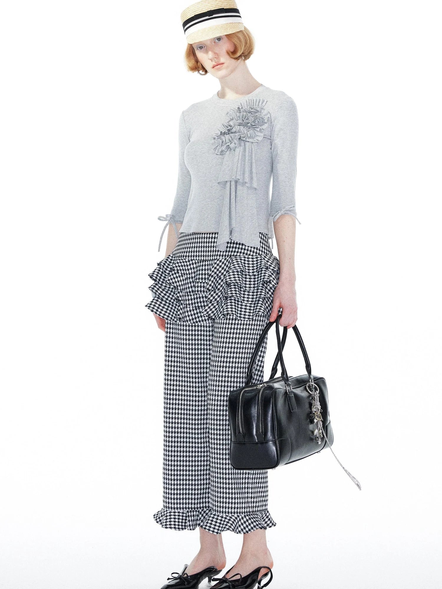 Lace Trimmed Gray Knit Tee With Bow Cuffs