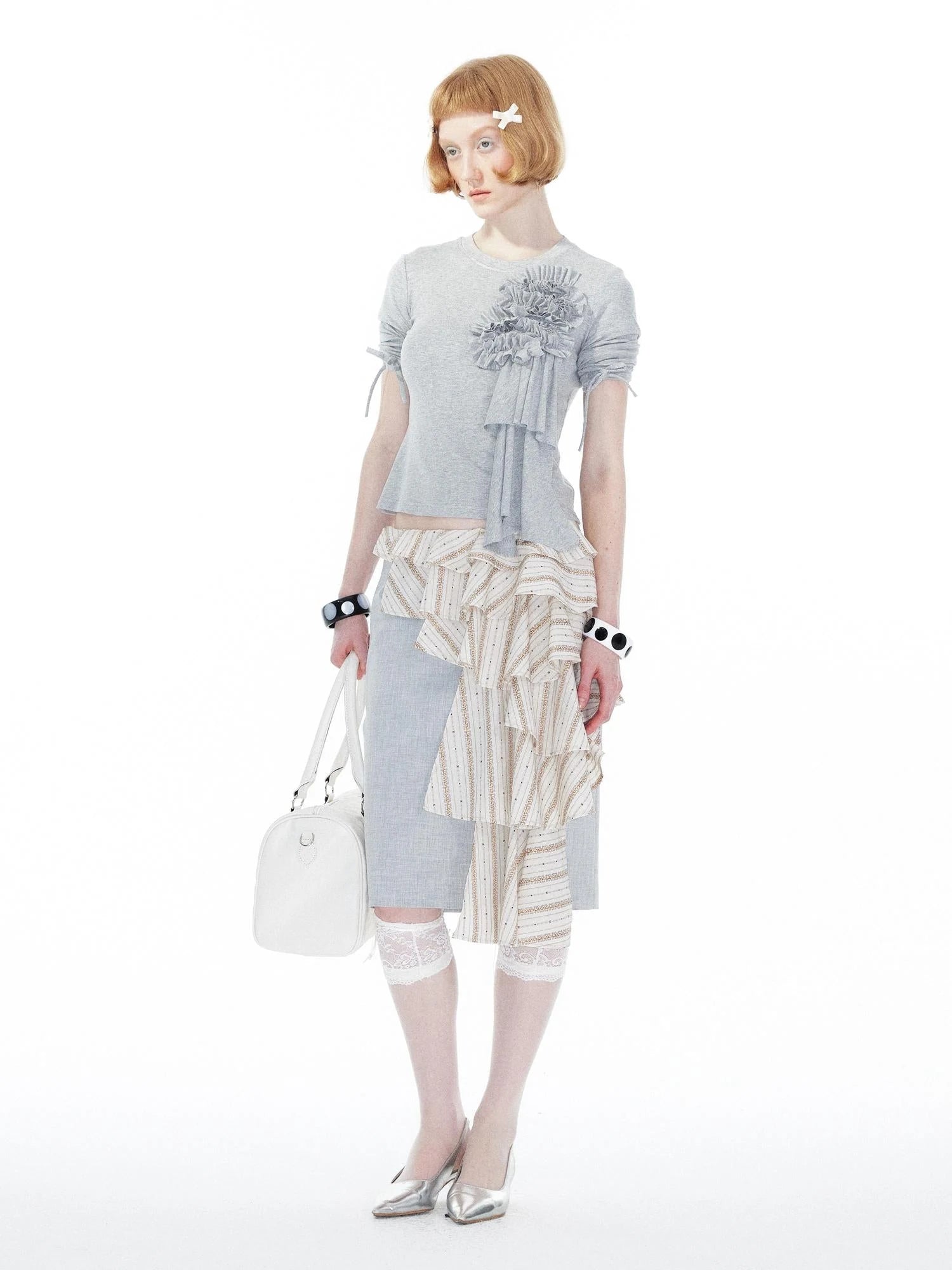 Lace Trimmed Gray Knit Tee With Bow Cuffs