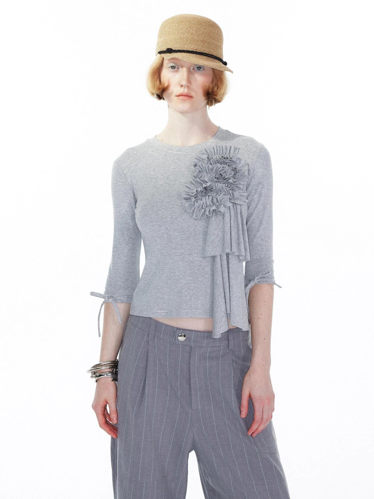 Lace Trimmed Gray Knit Tee With Bow Cuffs