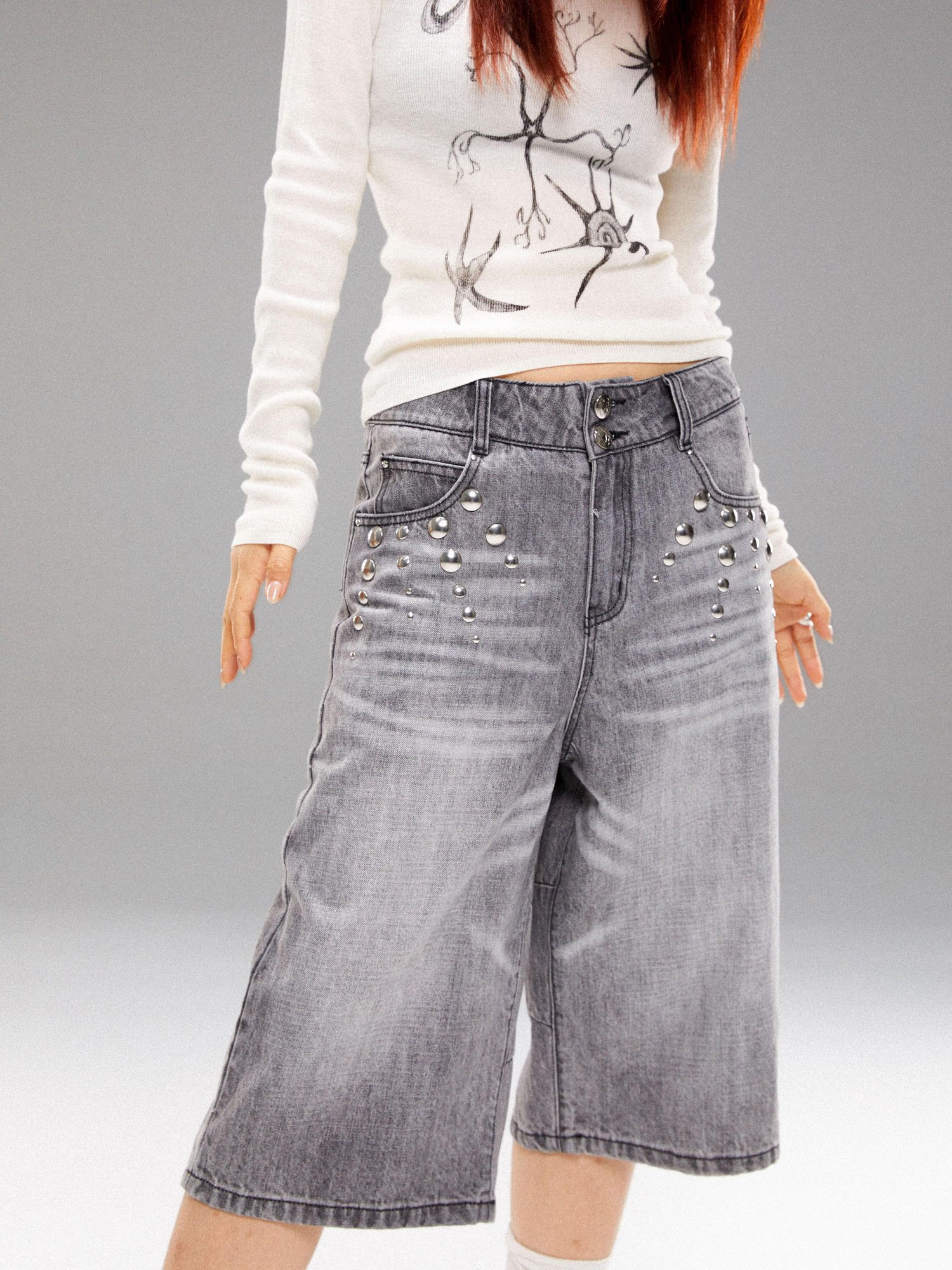 YOSHUYUKI Light Wash Punk Rivet Straight Leg Natural Waist Button Fly Unisex Grey Jeans