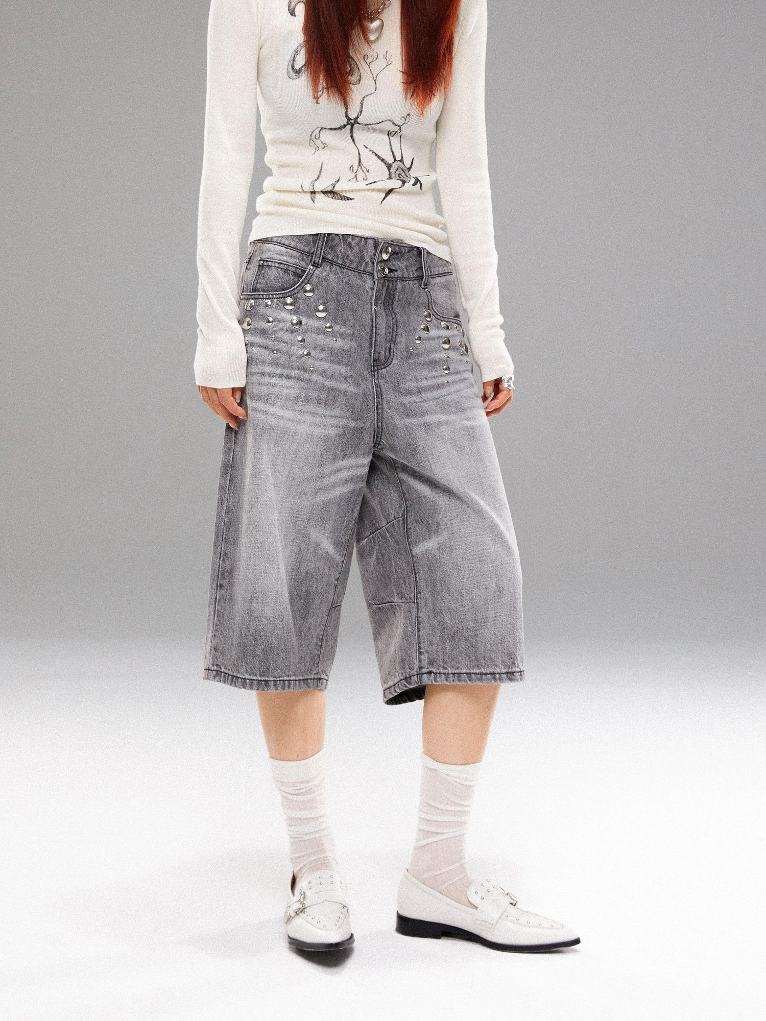 YOSHUYUKI Light Wash Punk Rivet Straight Leg Natural Waist Button Fly Unisex Grey Jeans