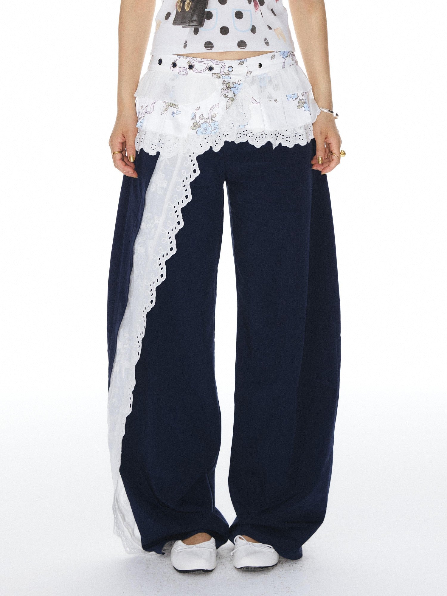 Navy Spliced Lace Trim Natural Waist Curved Leg Women&