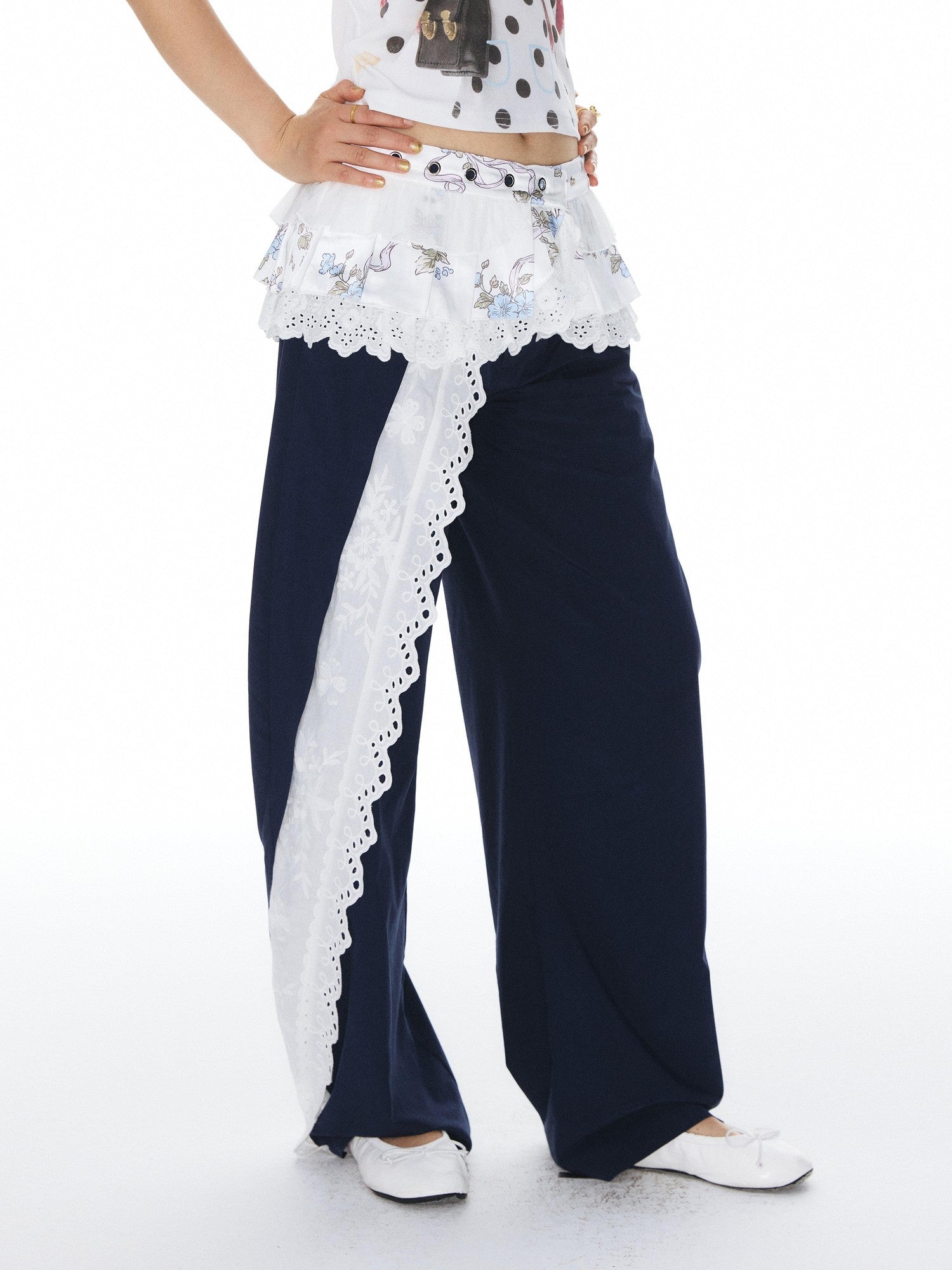 Navy Spliced Lace Trim Natural Waist Curved Leg Women&