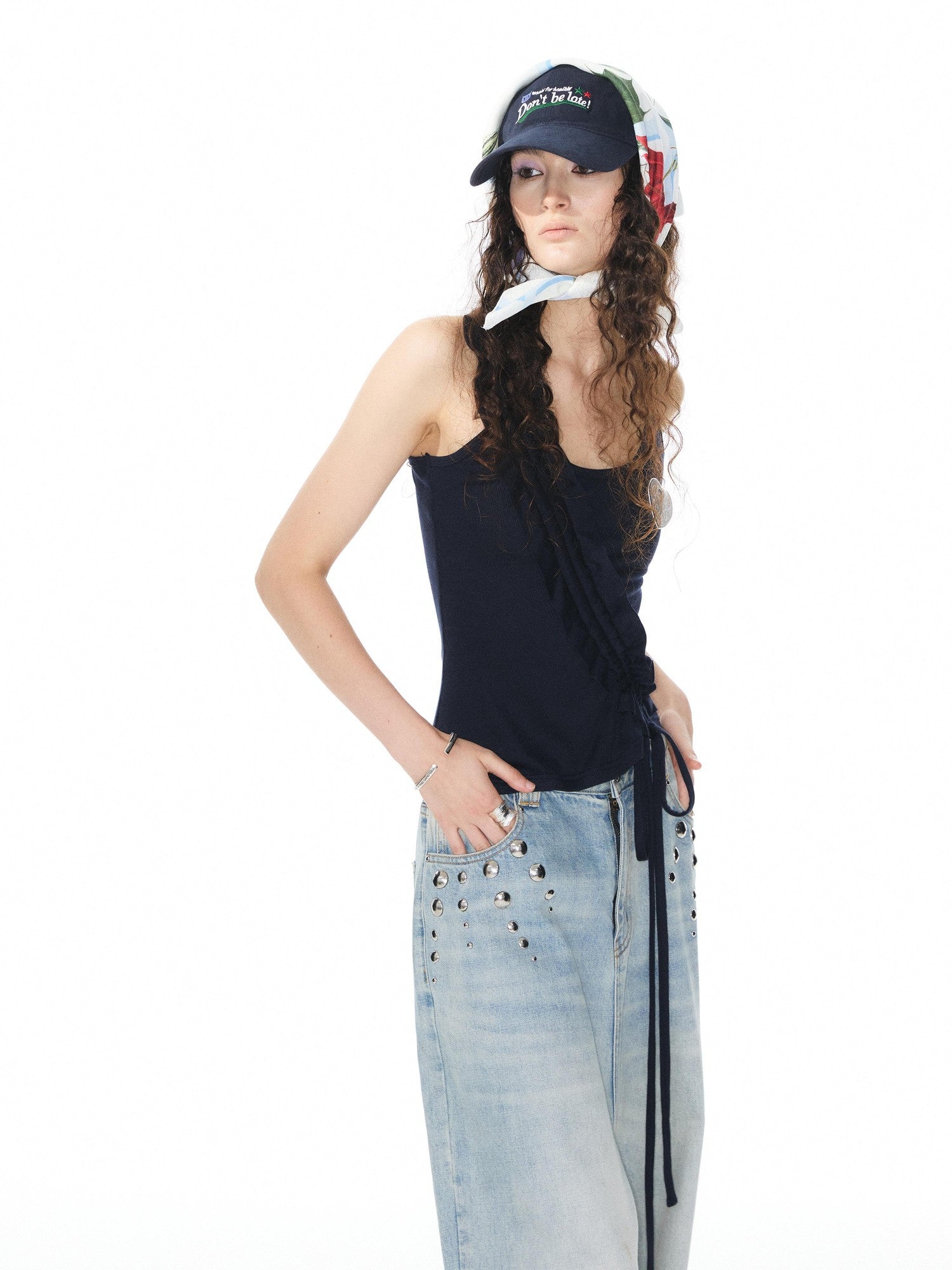 YOSHUYUKI Navy White Lace Trim Ruched Adjustable Stretch Knit Women&