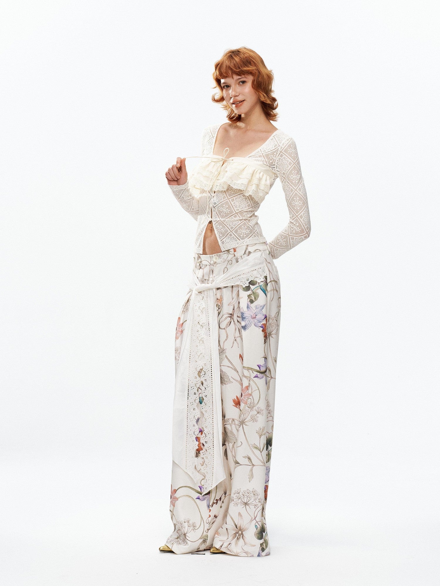 YOSHUYUKI Off White Lace Hollow Faux Two Piece Women&