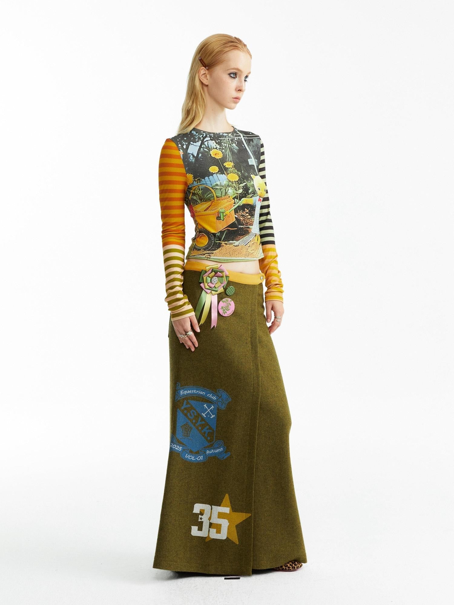 YOSHUYUKI Olive Print Single Panel H Silhouette Street Women&