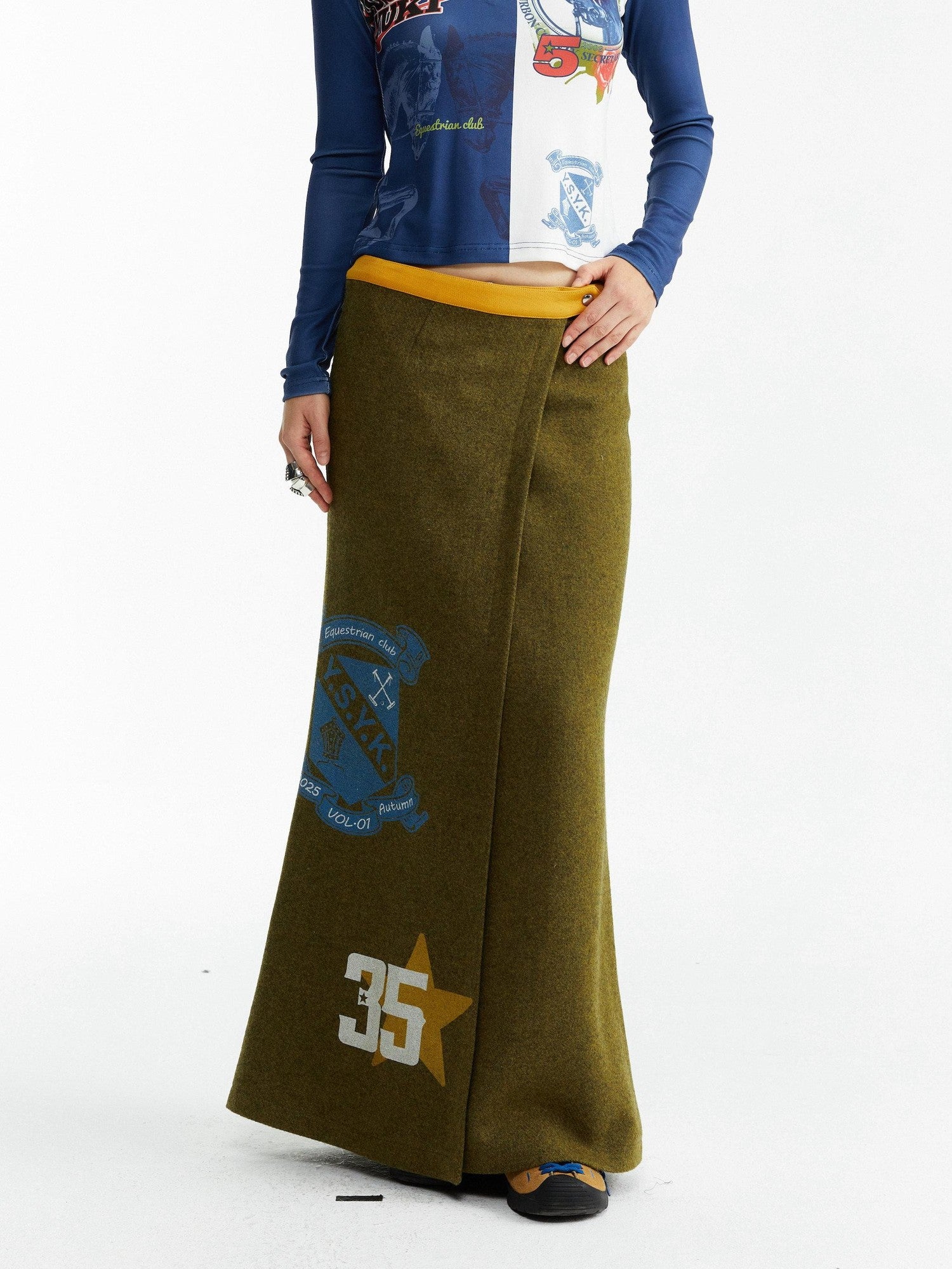 YOSHUYUKI Olive Print Single Panel H Silhouette Street Women&