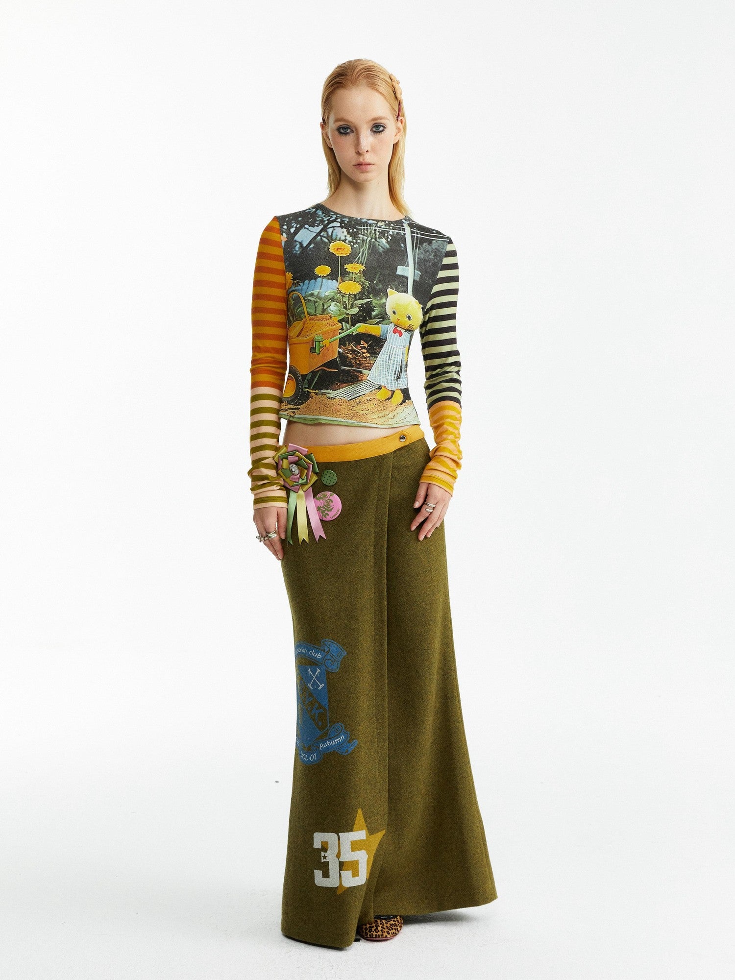 YOSHUYUKI Olive Print Single Panel H Silhouette Street Women&