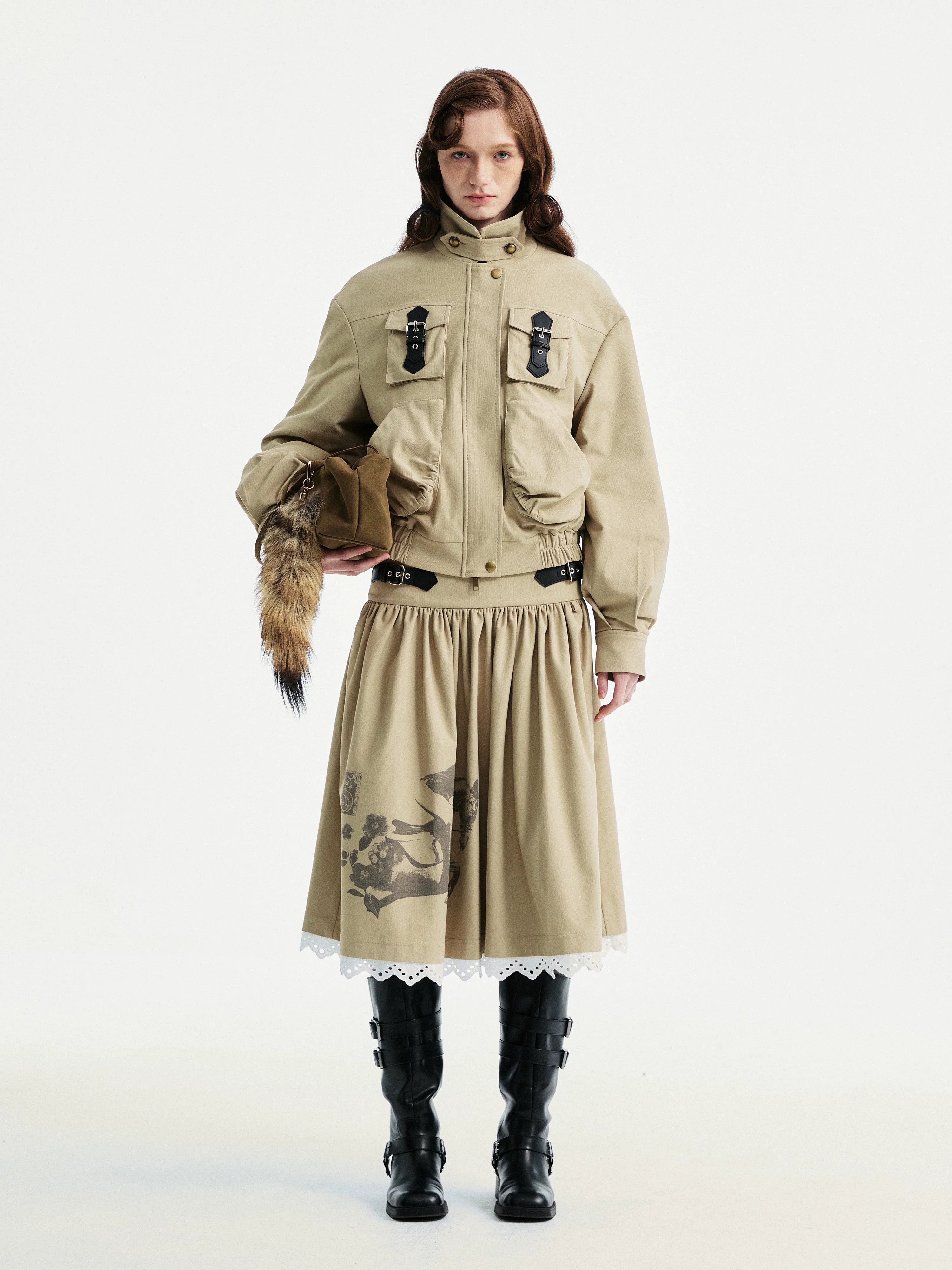 YOSHUYUKI Padded Workwear Loose Multi Pocket Unisex Camel Animal Zip Collar Jacket-5