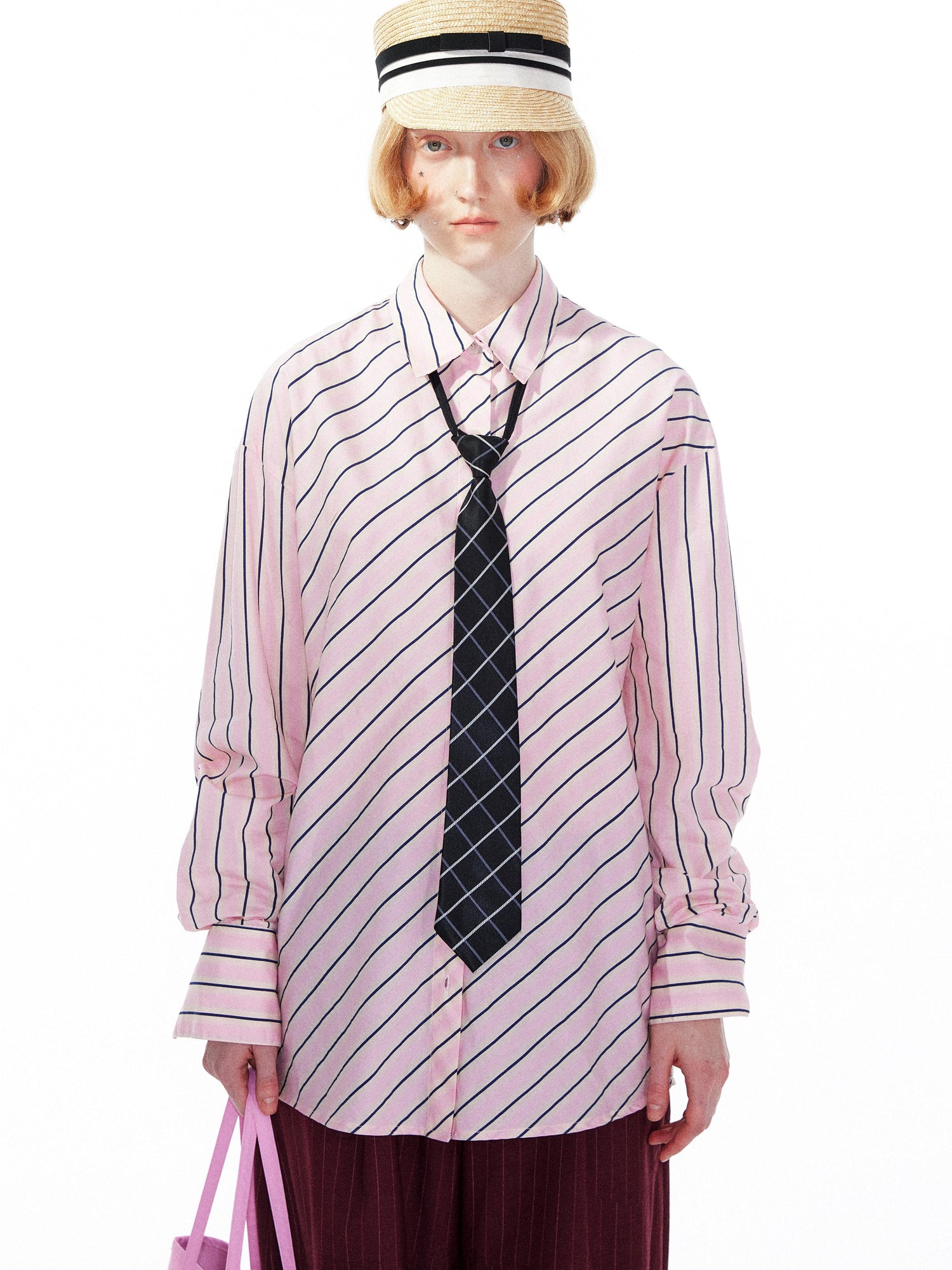 YOSHUYUKI Pink Blue Contrast Stripe Oversized Shirt